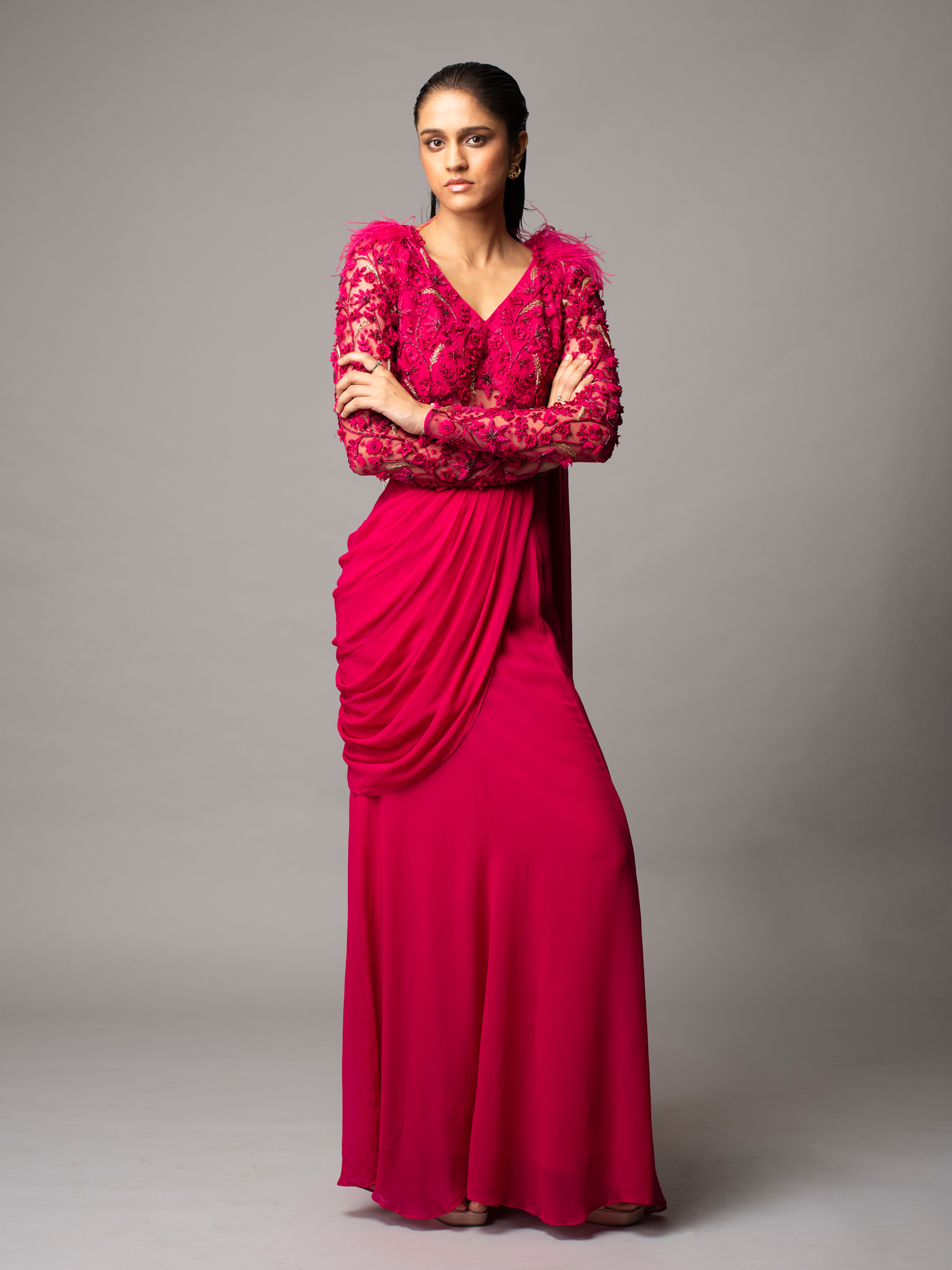 EIRENE SAREE GOWN (FUSCHIA RED)