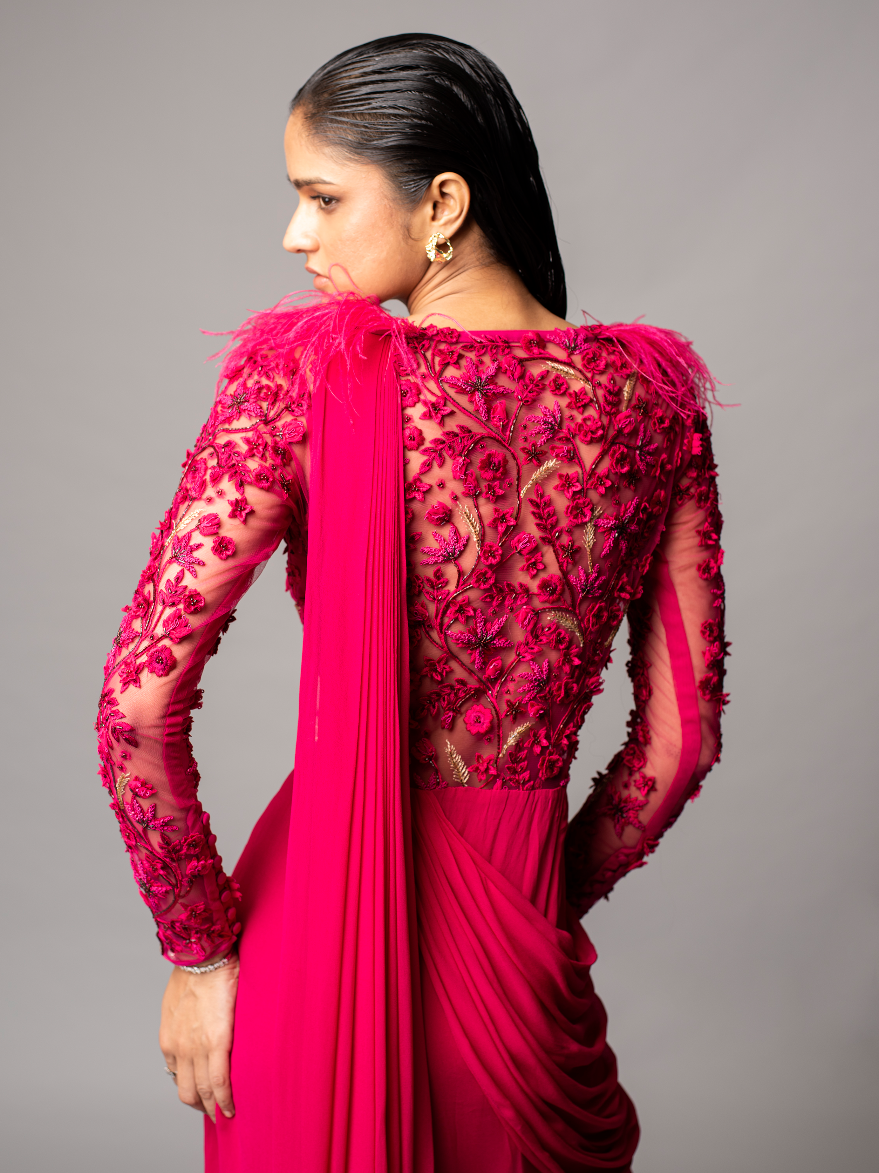 EIRENE SAREE GOWN (FUSCHIA RED)