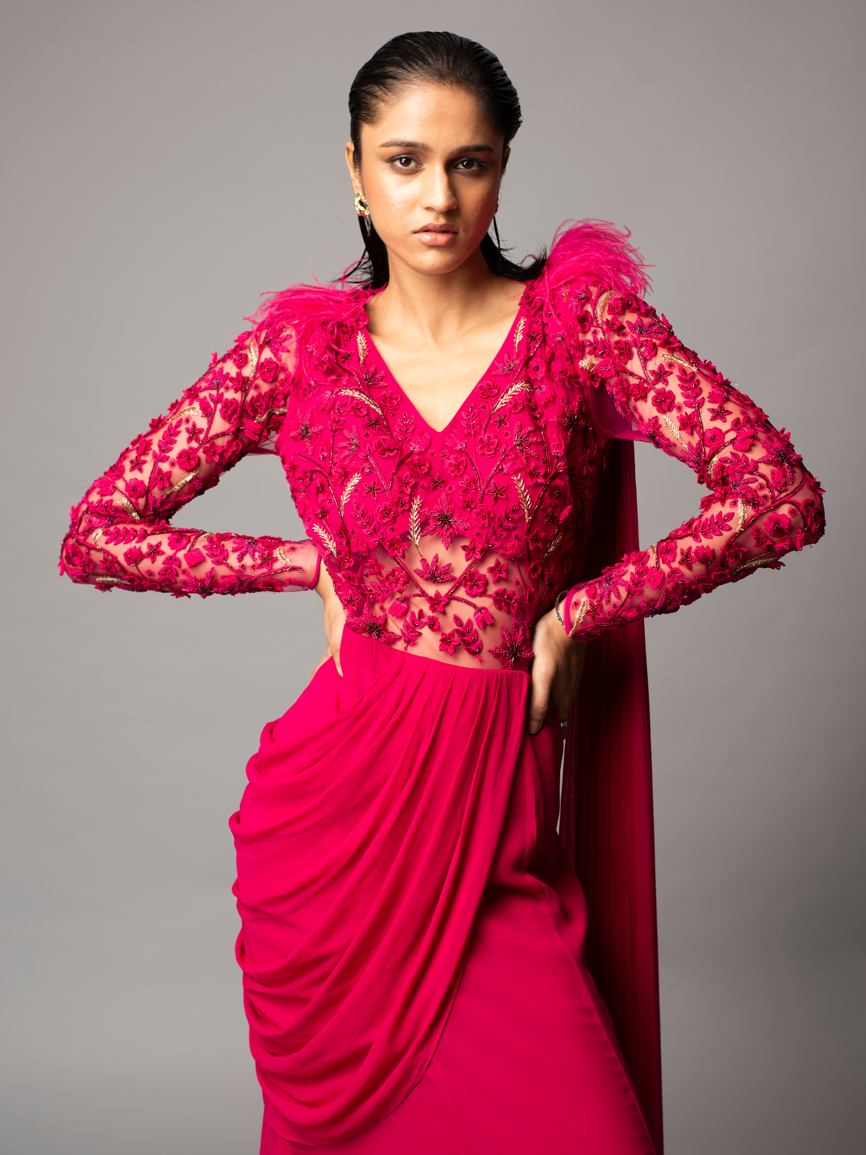 EIRENE SAREE GOWN (FUSCHIA RED)