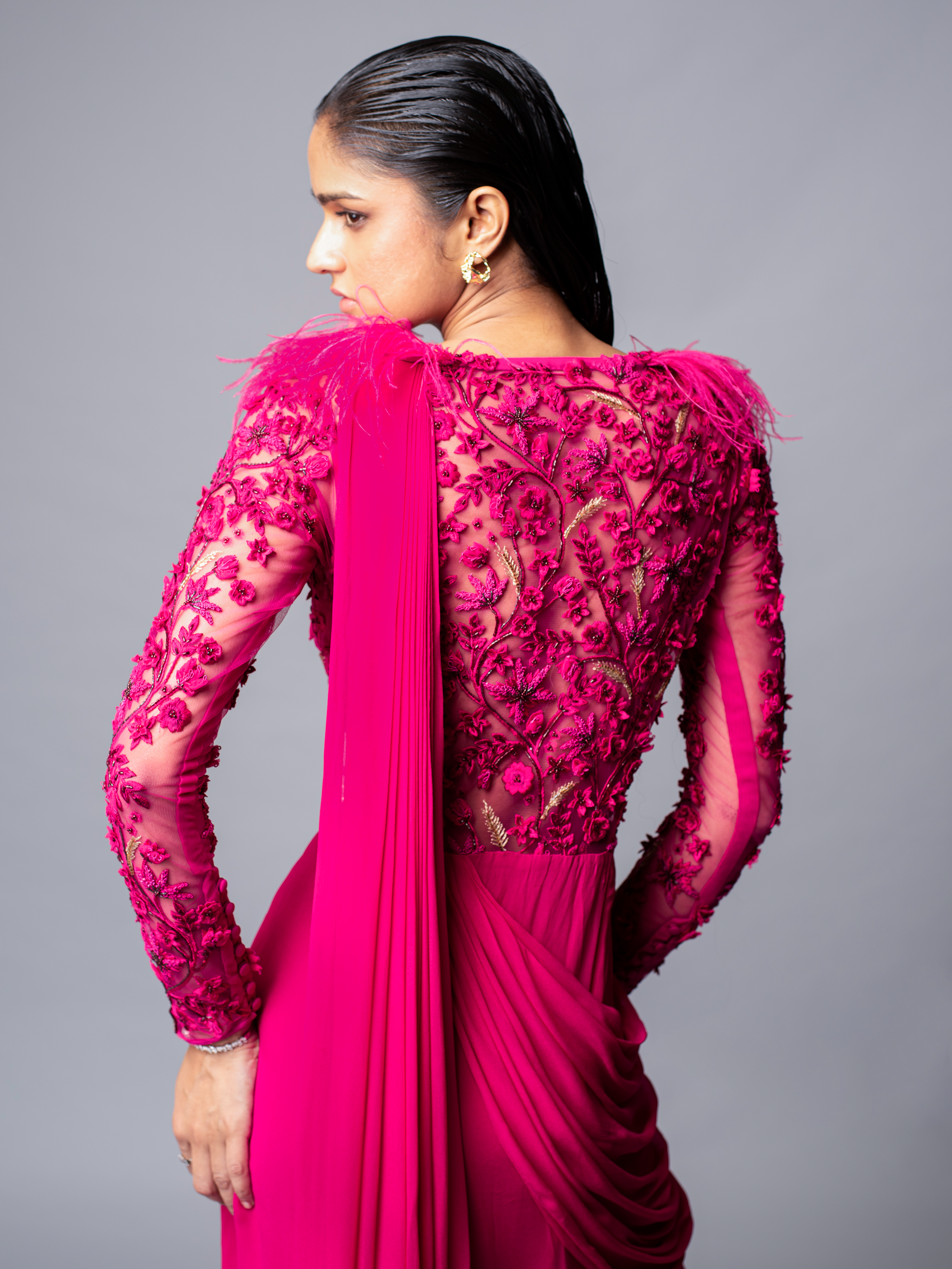 EIRENE SAREE GOWN (FUSCHIA PINK)