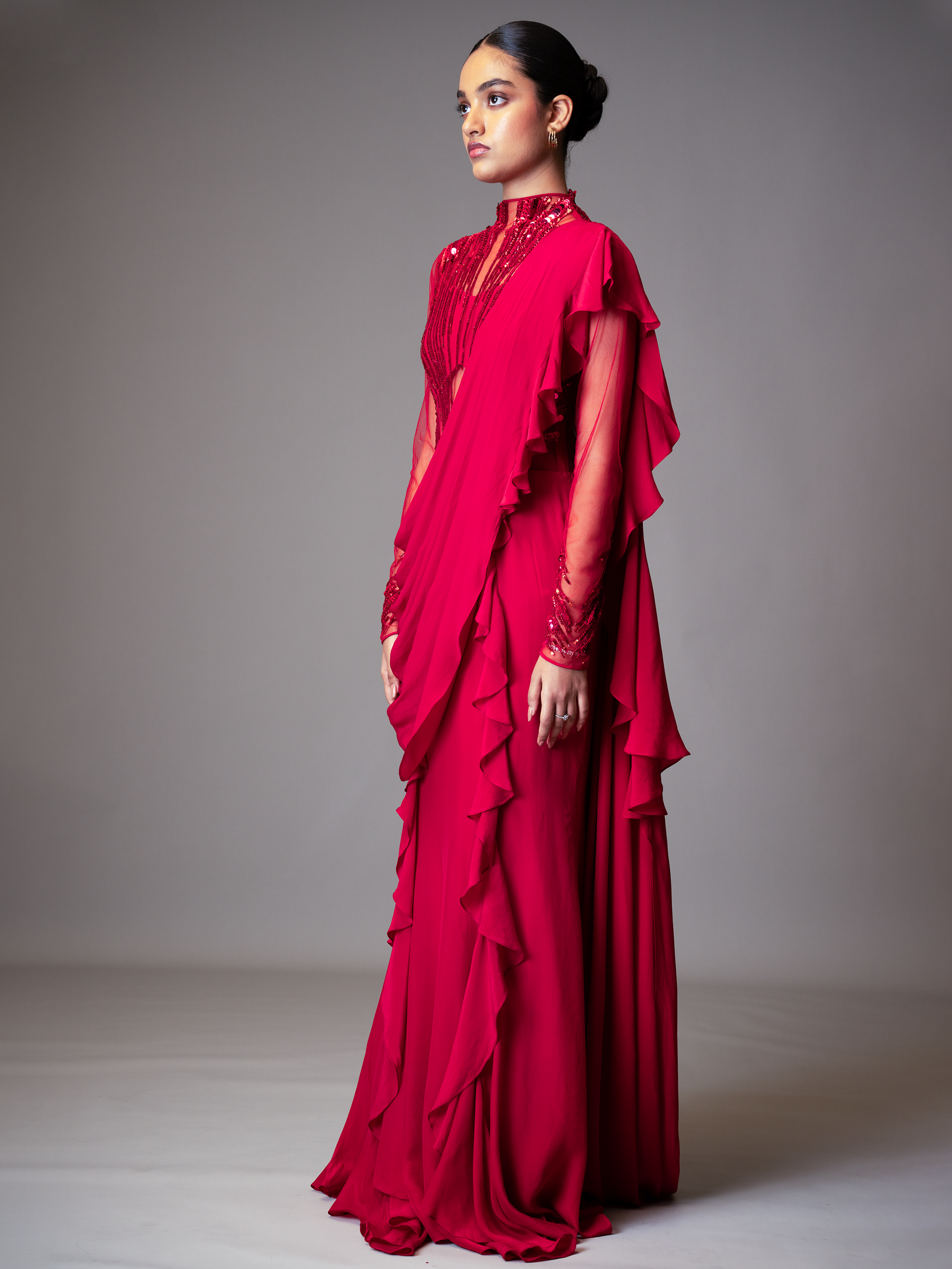 ABSTRACT RADIAL EMBROIDERY SAREE GOWN (RED)