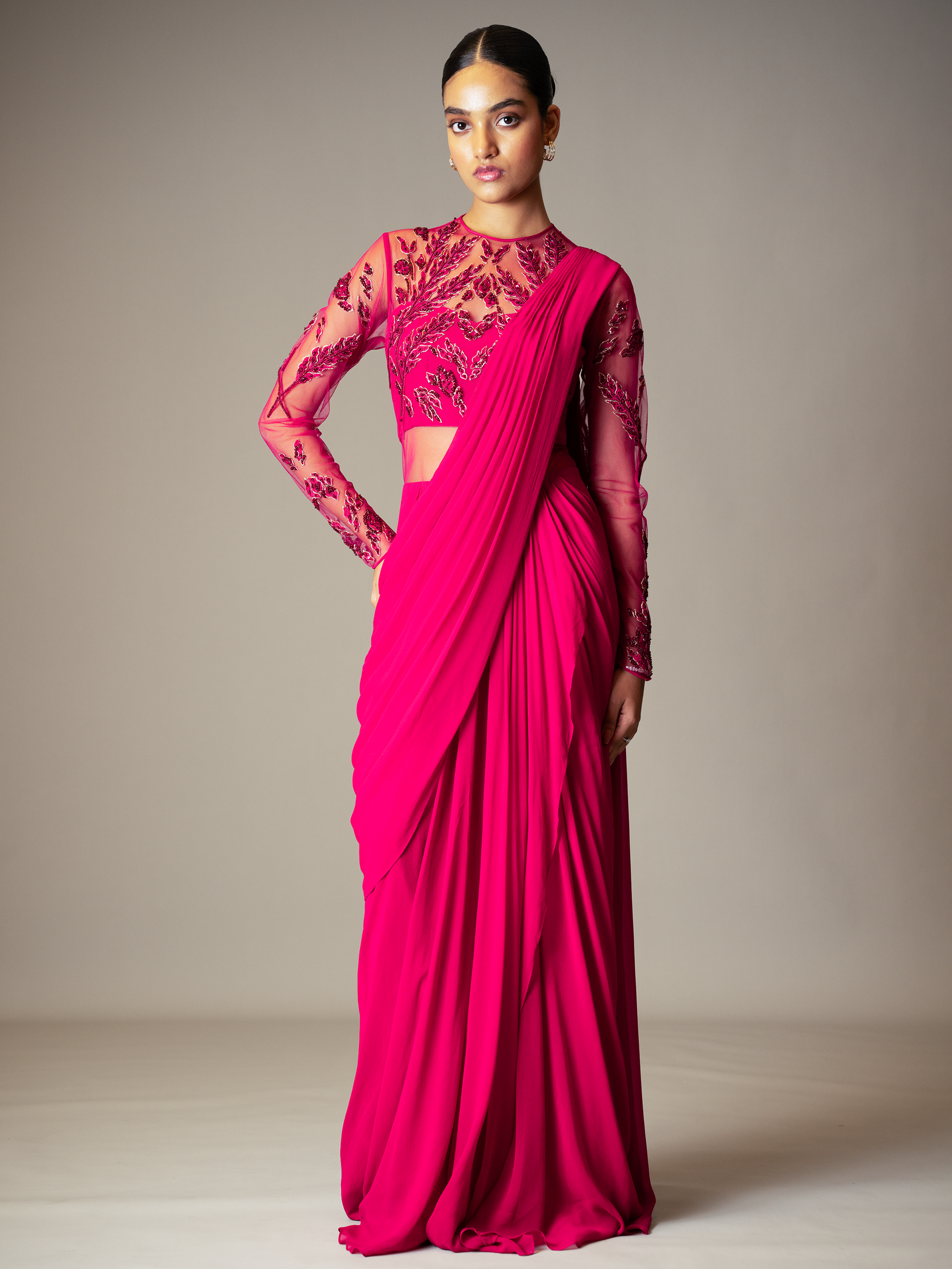 BLOTTED LEAF SAREE GOWN (FUSCHIA PINK)