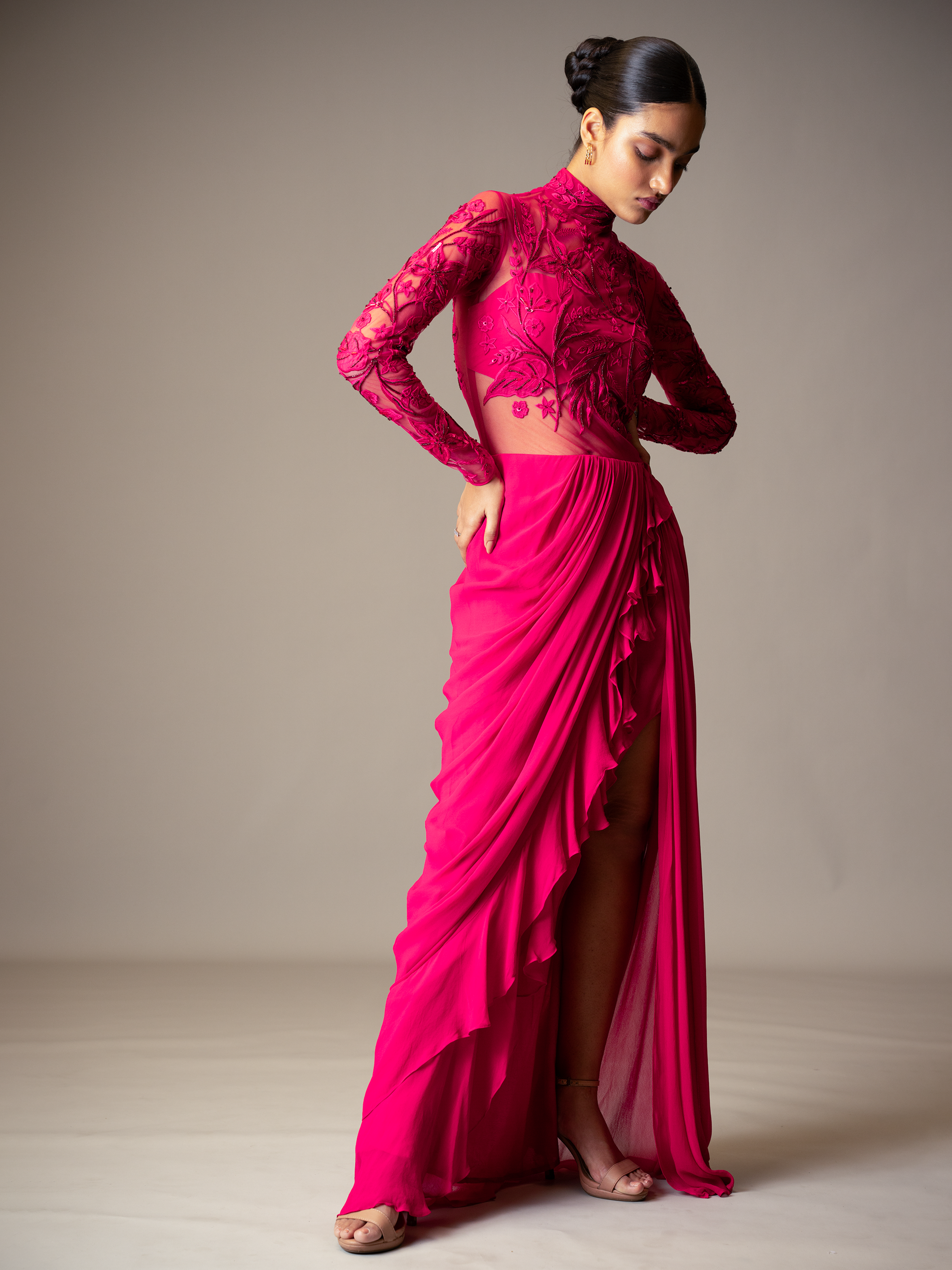 VALE SAREE GOWN- FUSCHIA