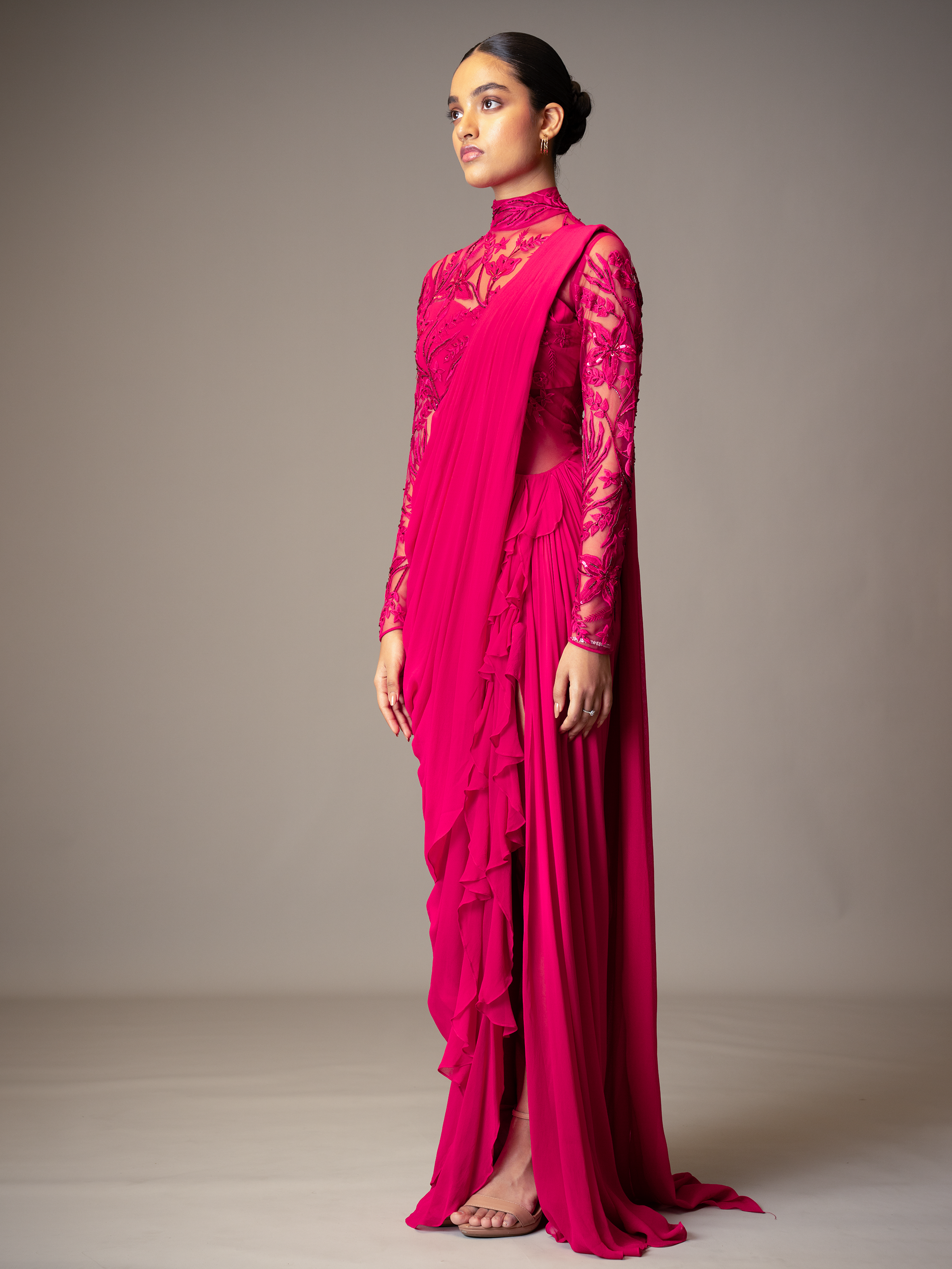 VALE SAREE GOWN- FUSCHIA