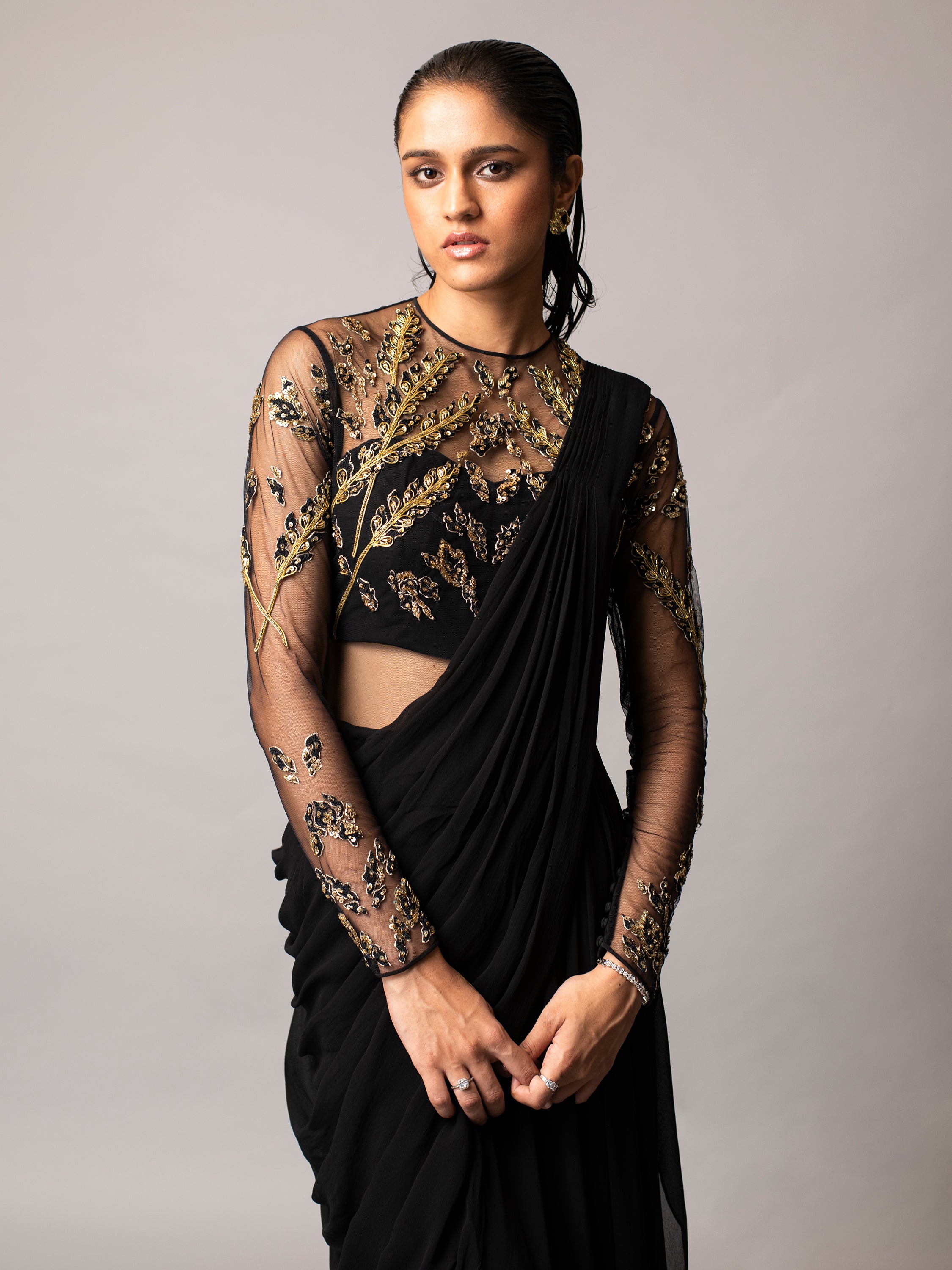 BLOTTED LEAF SAREE GOWN- BLACK