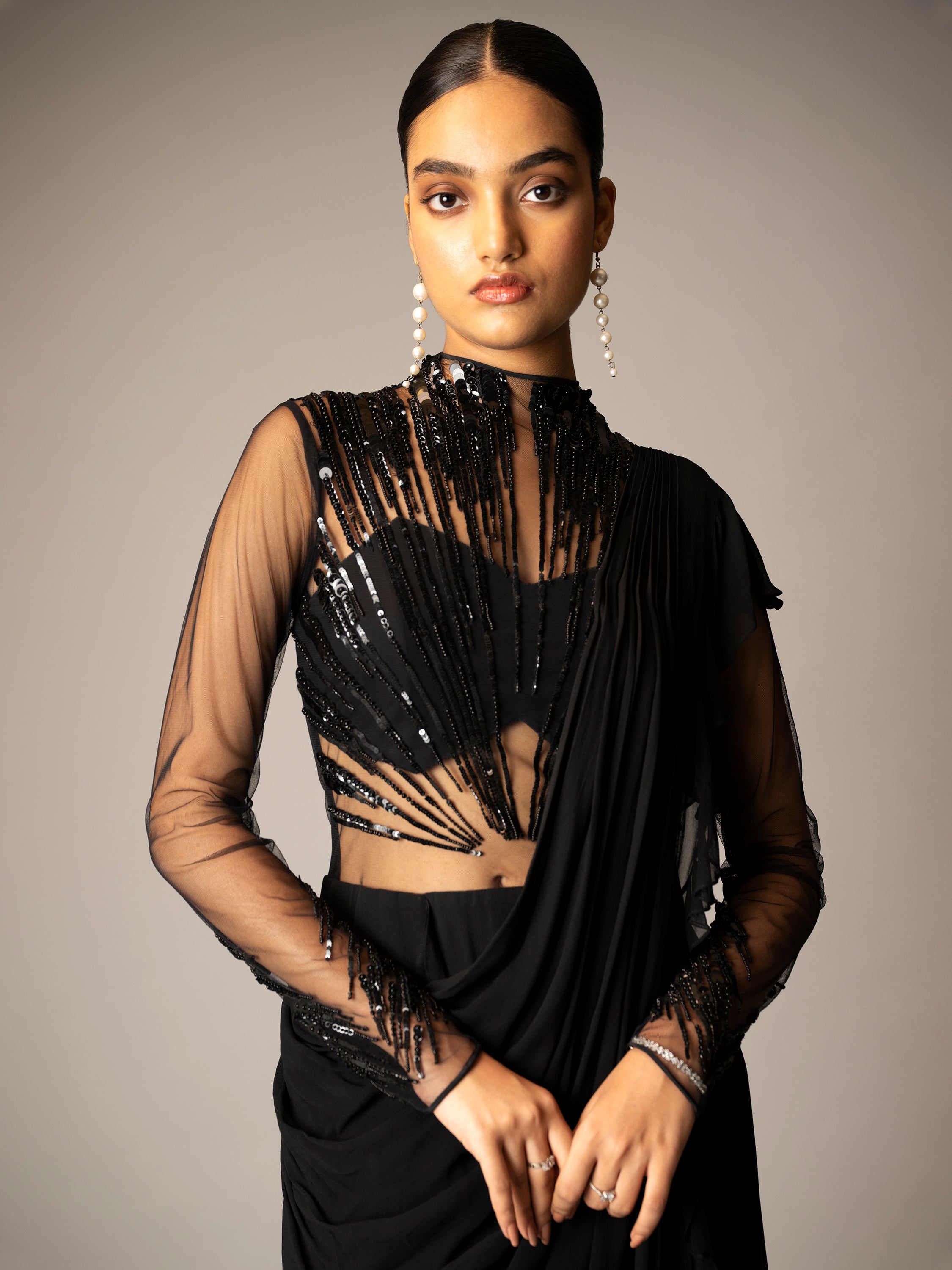 ABSTRACT RADIAL EMBROIDERY SAREE GOWN (BLACK)