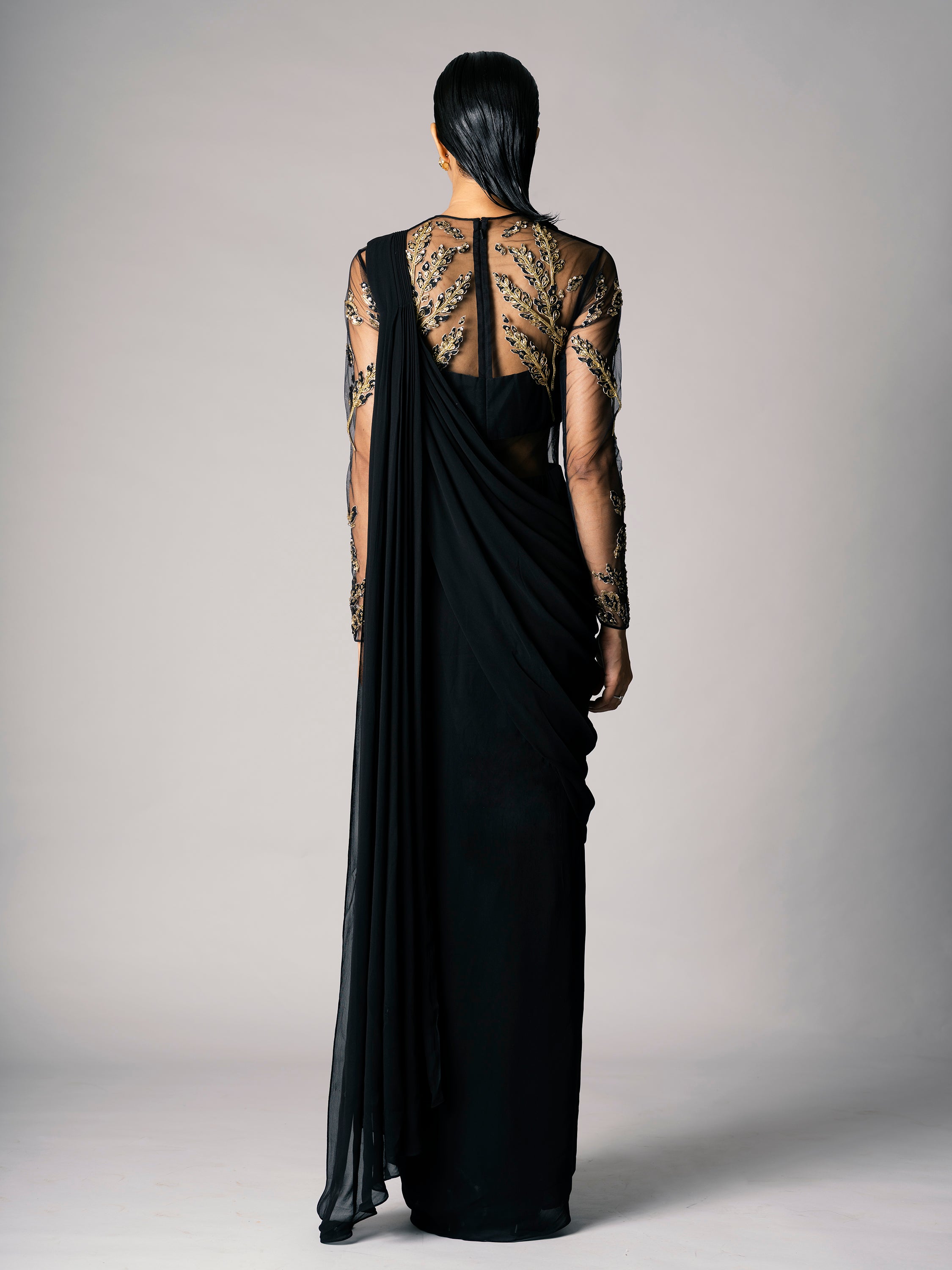 BLOTTED LEAF SAREE GOWN- BLACK