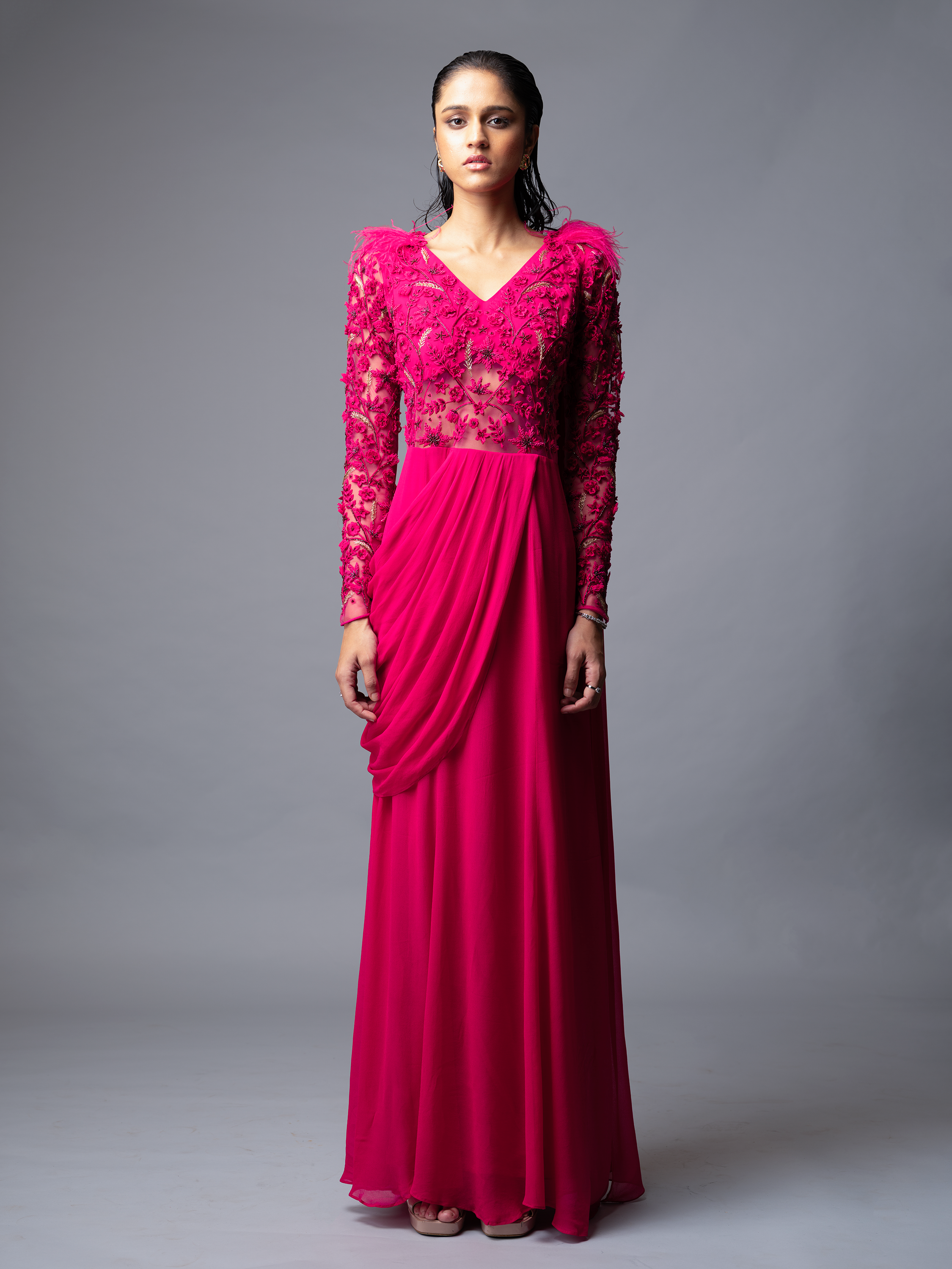EIRENE SAREE GOWN (FUSCHIA PINK)