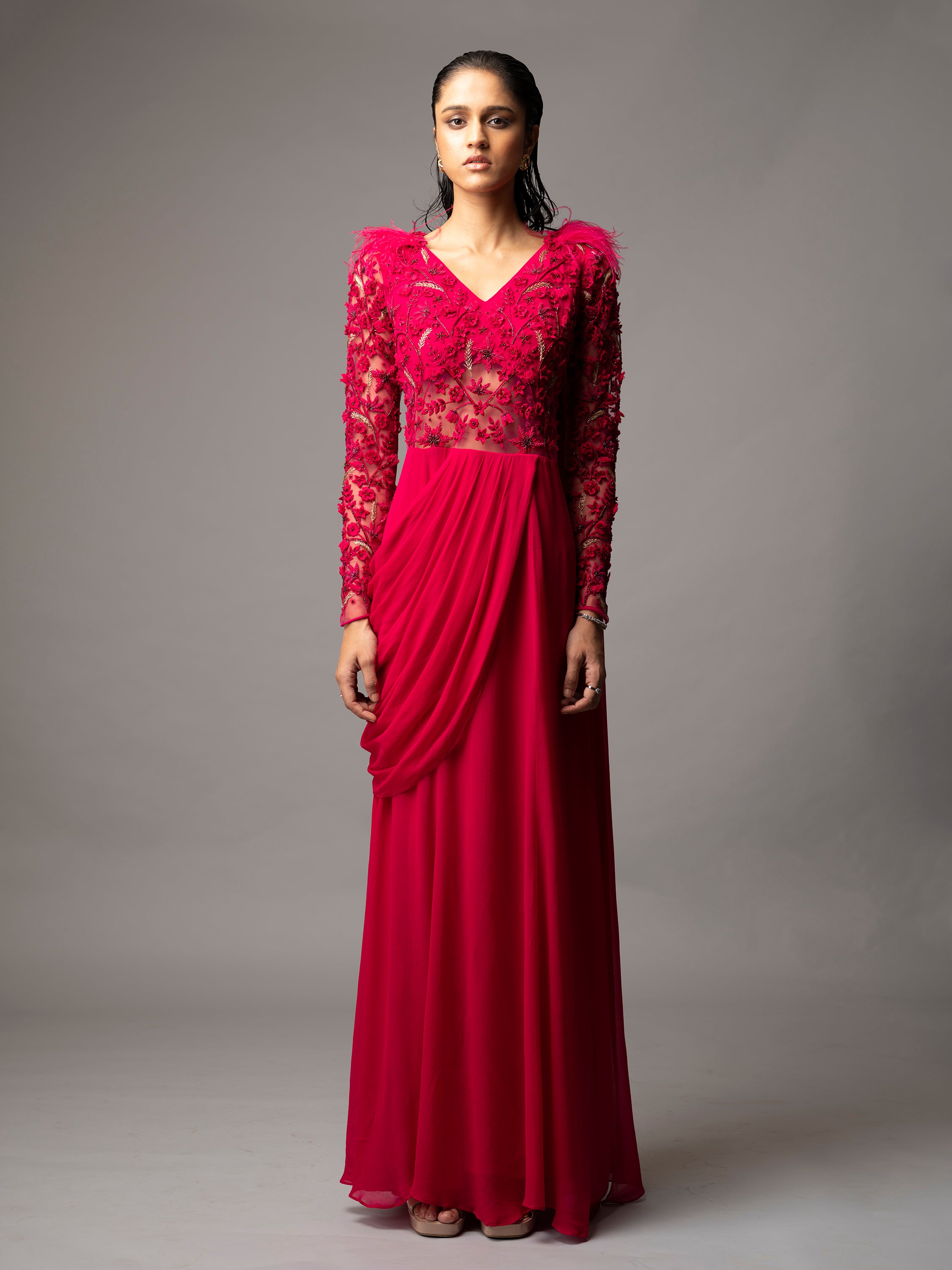 EIRENE SAREE GOWN (FUSCHIA RED)