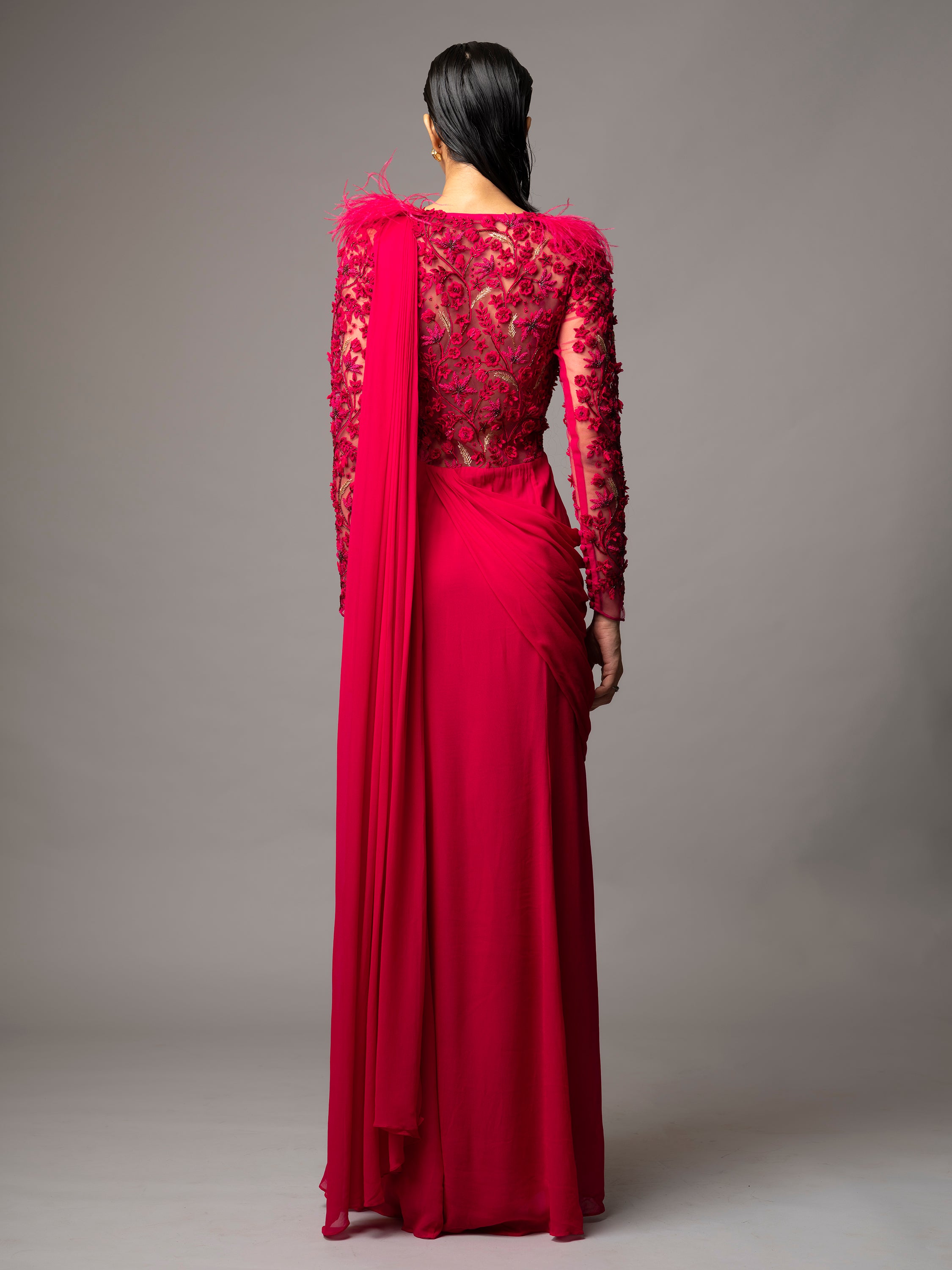 EIRENE SAREE GOWN (FUSCHIA RED)