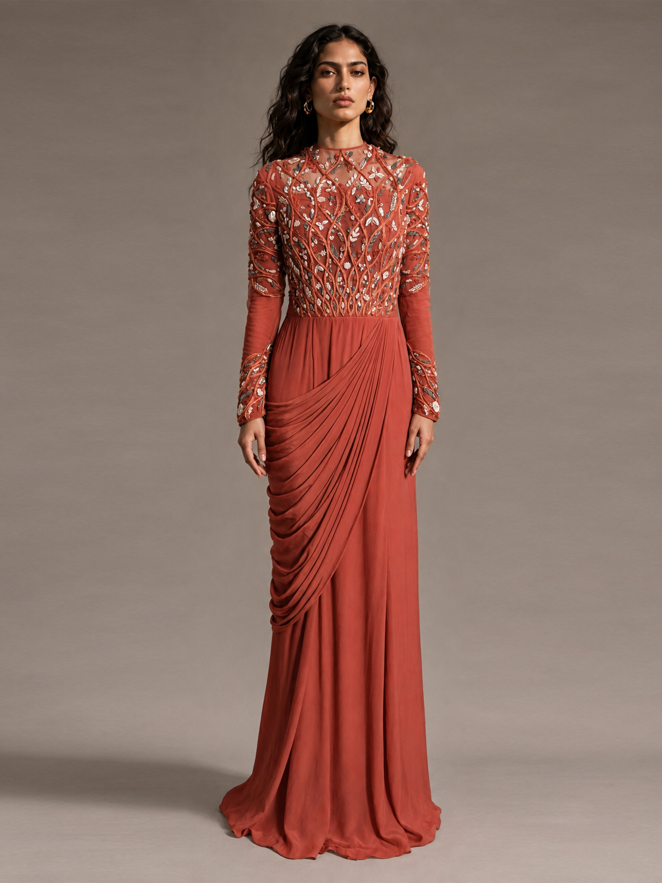 RADIAL WAVE FLORAL SAREE GOWN- RUST ORANGE