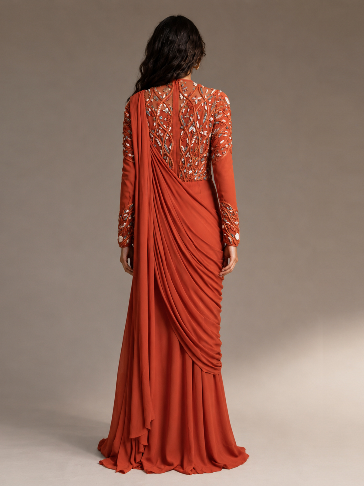 RADIAL WAVE FLORAL SAREE GOWN- RUST ORANGE