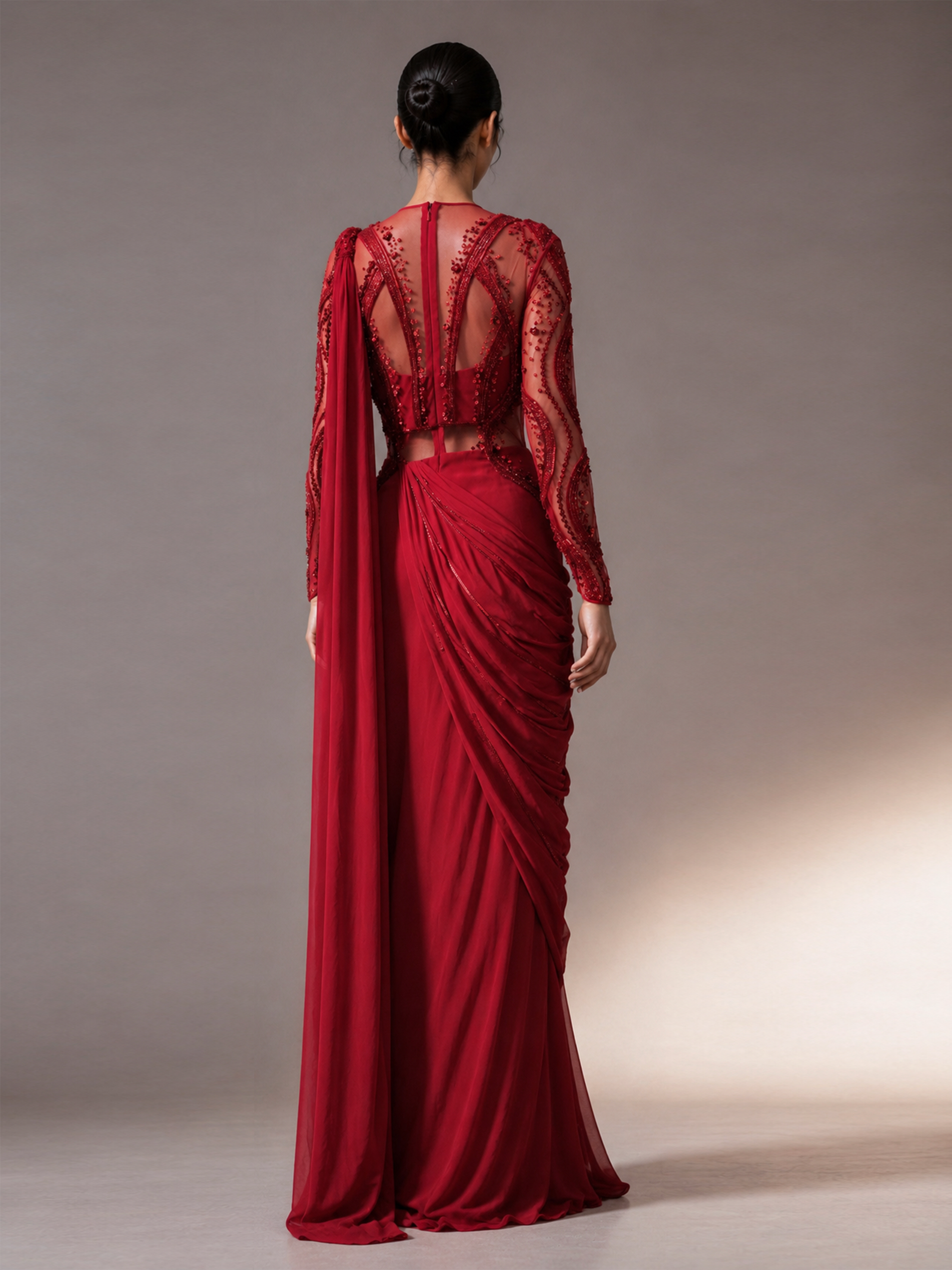 BEJEWELLED SAREE GOWN- FIERY RED