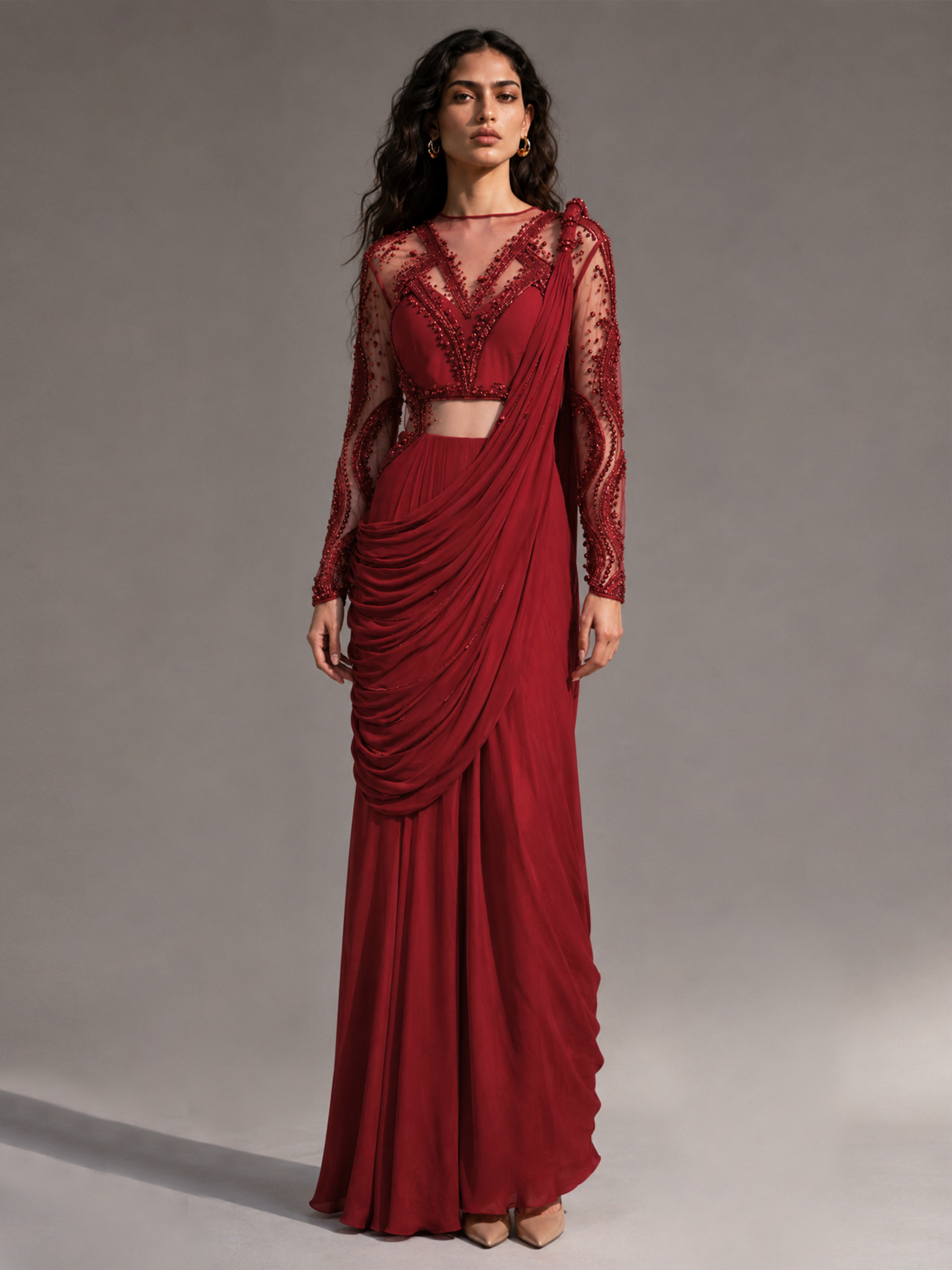 BEJEWELLED SAREE GOWN- FIERY RED
