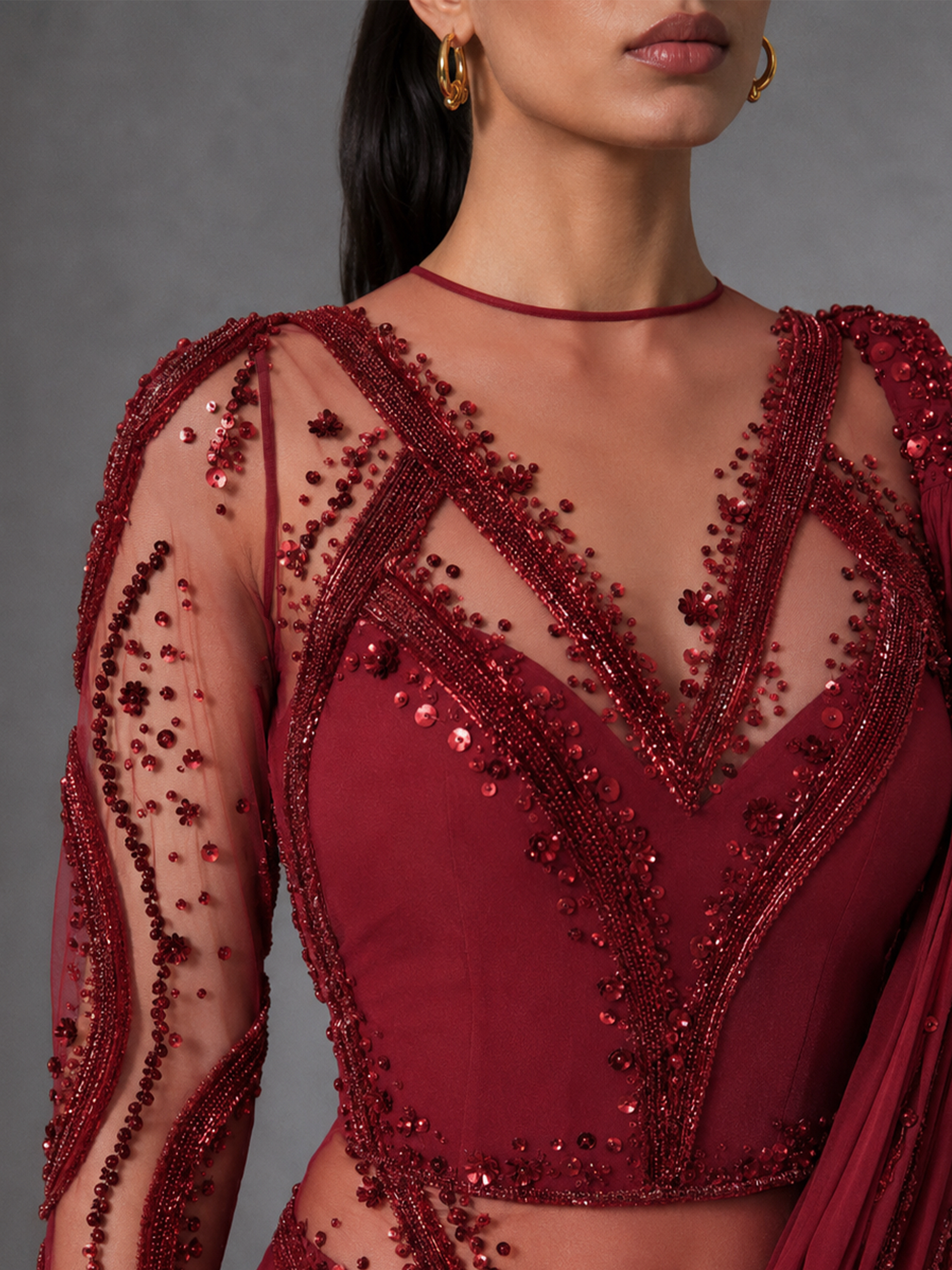 BEJEWELLED SAREE GOWN- FIERY RED