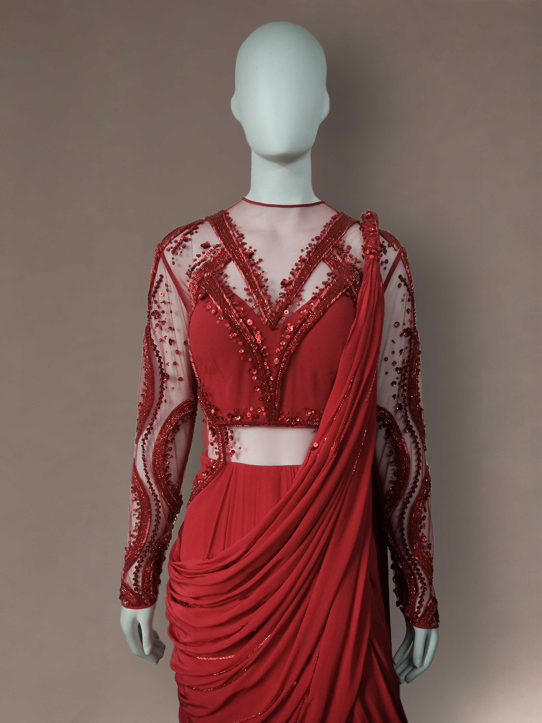 BEJEWELLED SAREE GOWN- FIERY RED