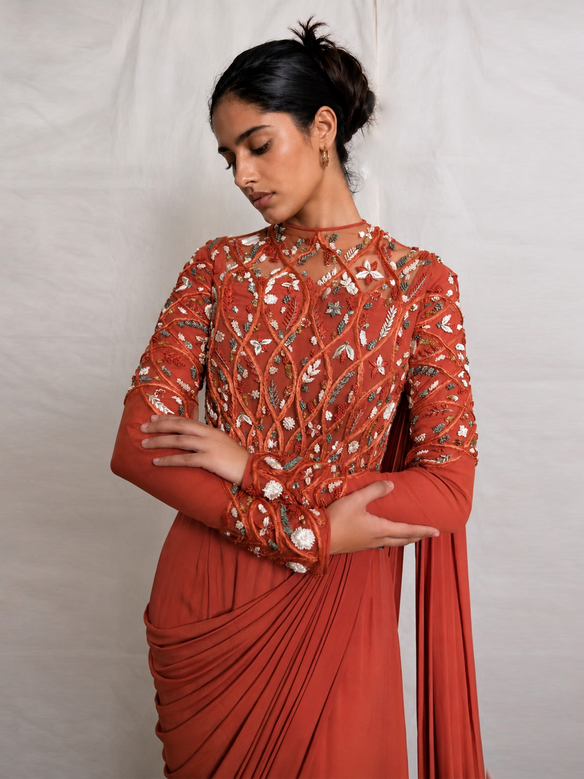 RADIAL WAVE FLORAL SAREE GOWN- RUST ORANGE