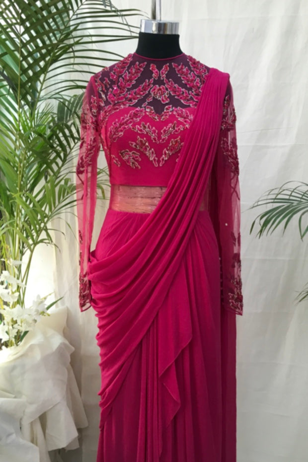 BLOTTED LEAF SAREE GOWN (FUSCHIA PINK)