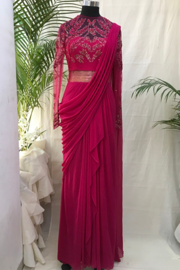 BLOTTED LEAF SAREE GOWN (FUSCHIA PINK)