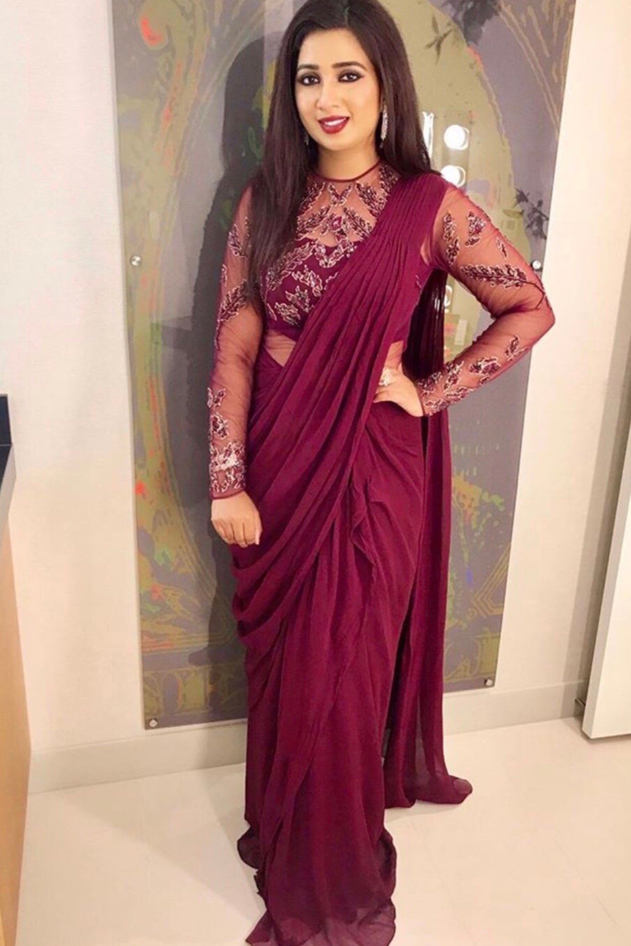 BLOTTED LEAF SAREE GOWN (WINE)