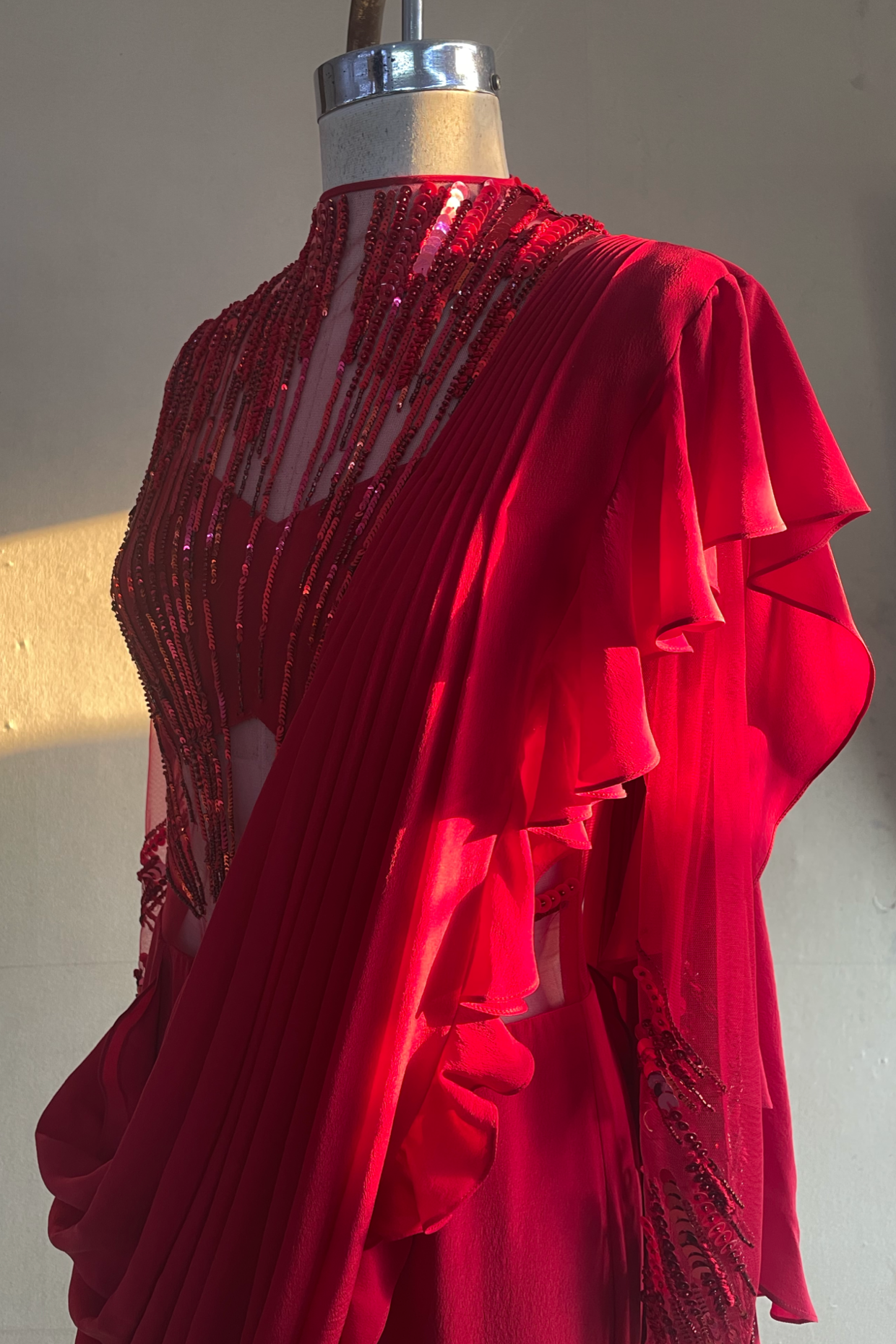 ABSTRACT RADIAL EMBROIDERY SAREE GOWN (RED)