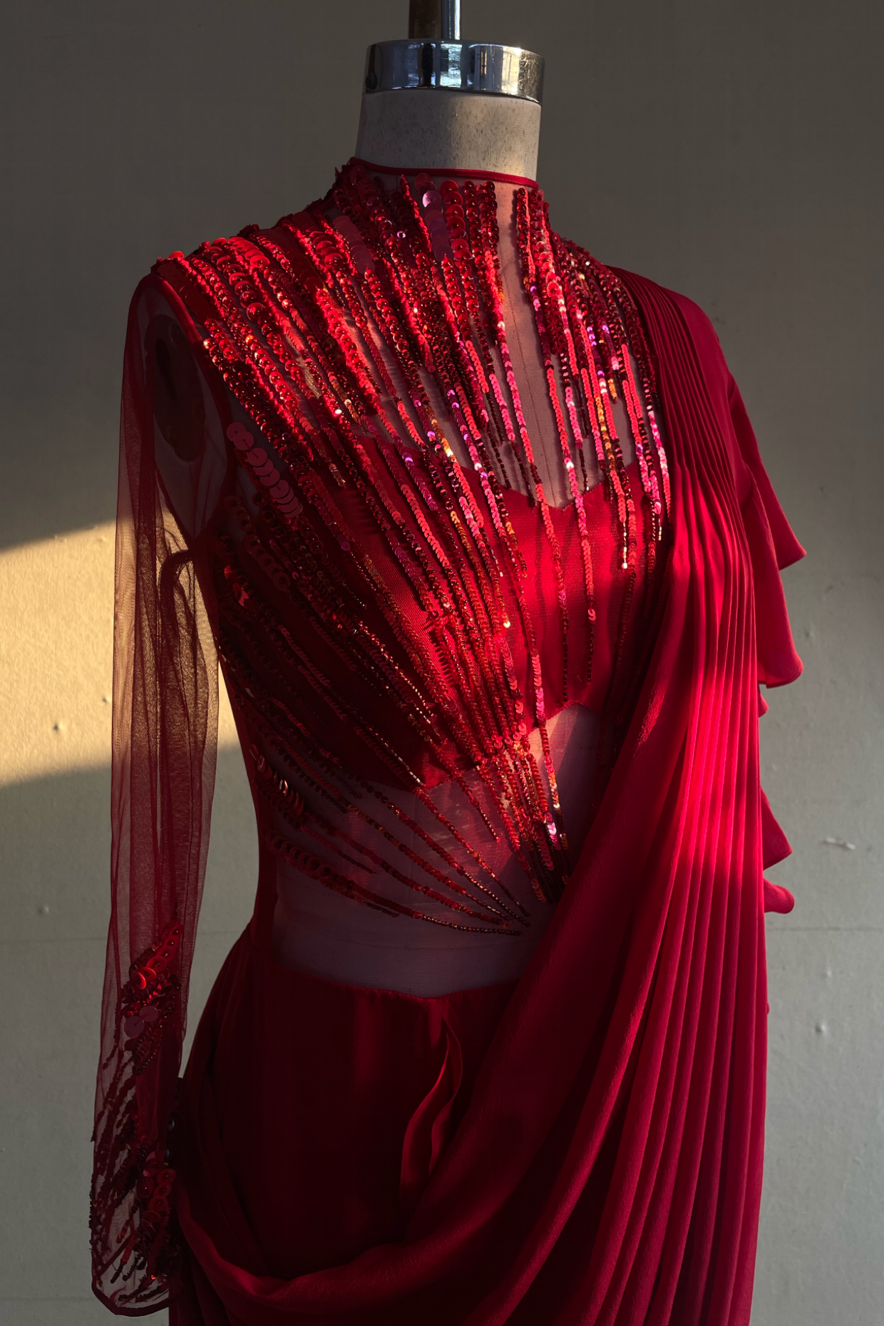 ABSTRACT RADIAL EMBROIDERY SAREE GOWN (RED)