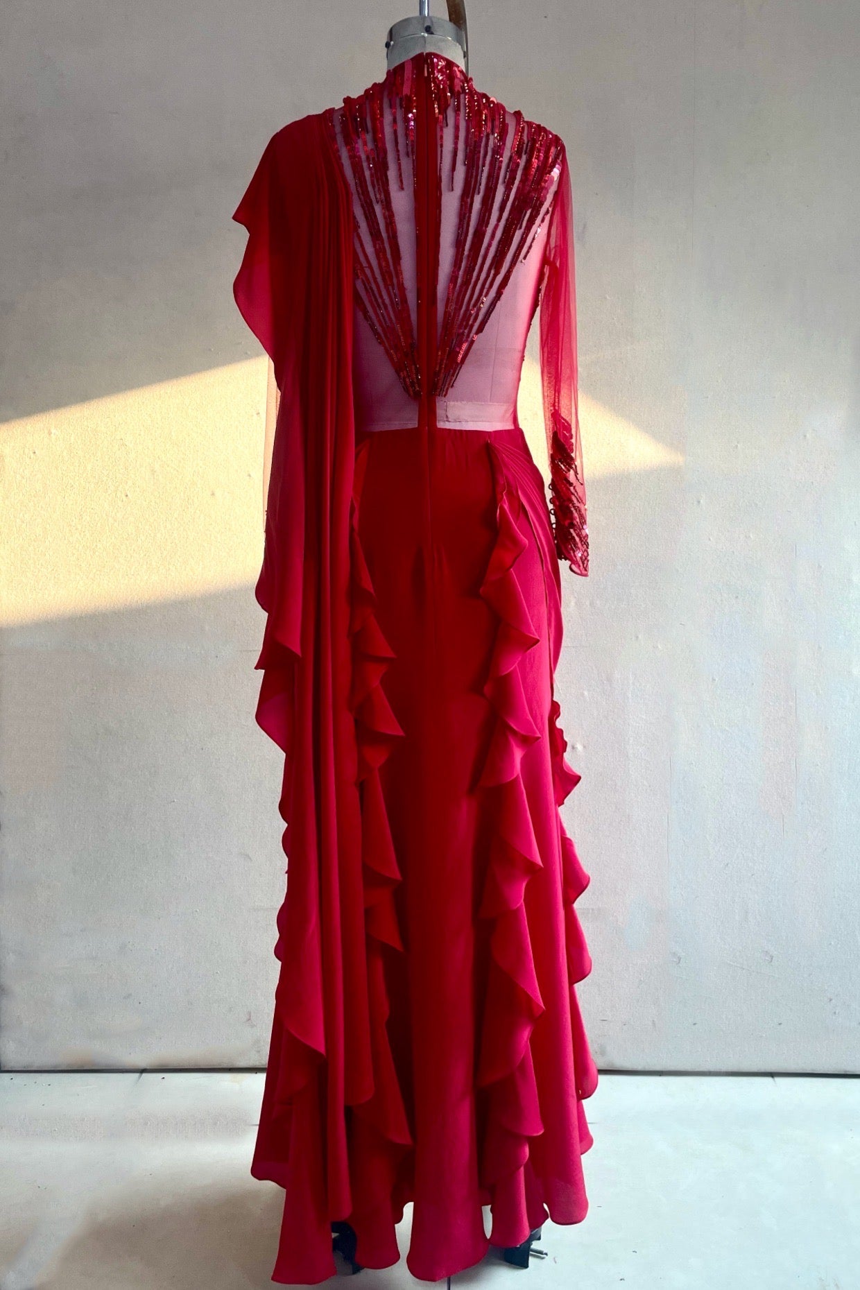 ABSTRACT RADIAL EMBROIDERY SAREE GOWN (RED)