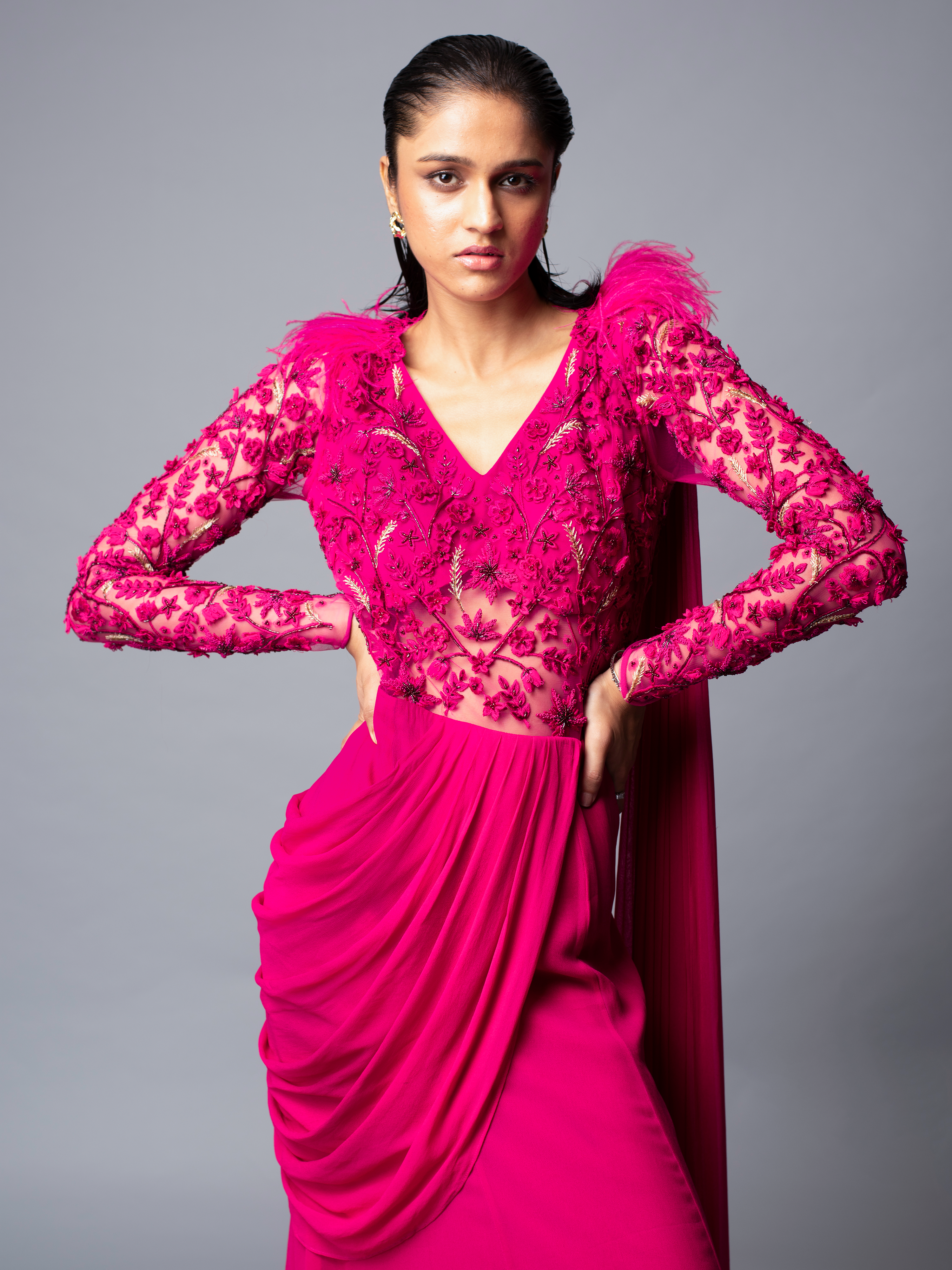 EIRENE SAREE GOWN (FUSCHIA PINK)