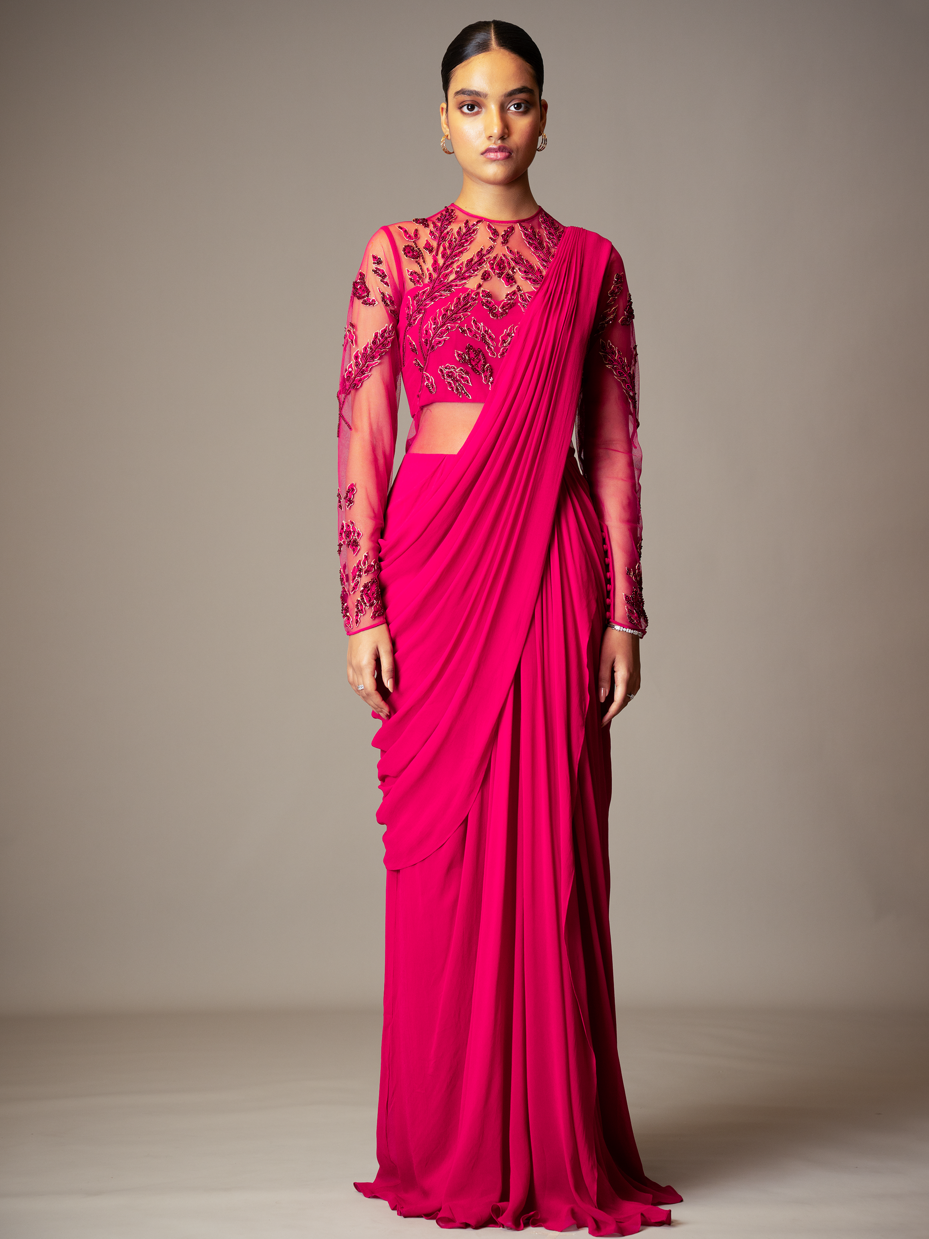BLOTTED LEAF SAREE GOWN (FUSCHIA PINK)