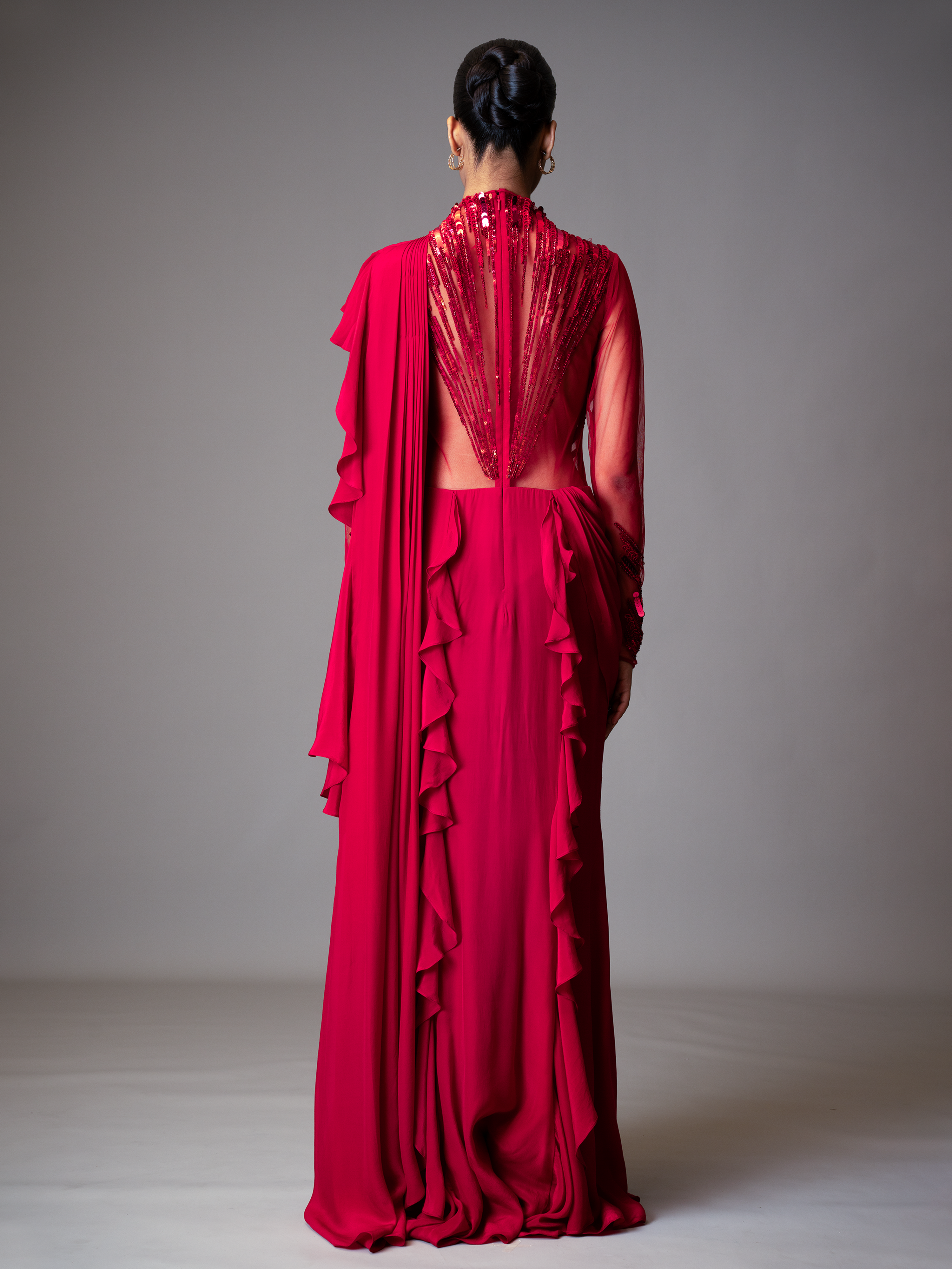 ABSTRACT RADIAL EMBROIDERY SAREE GOWN (RED)