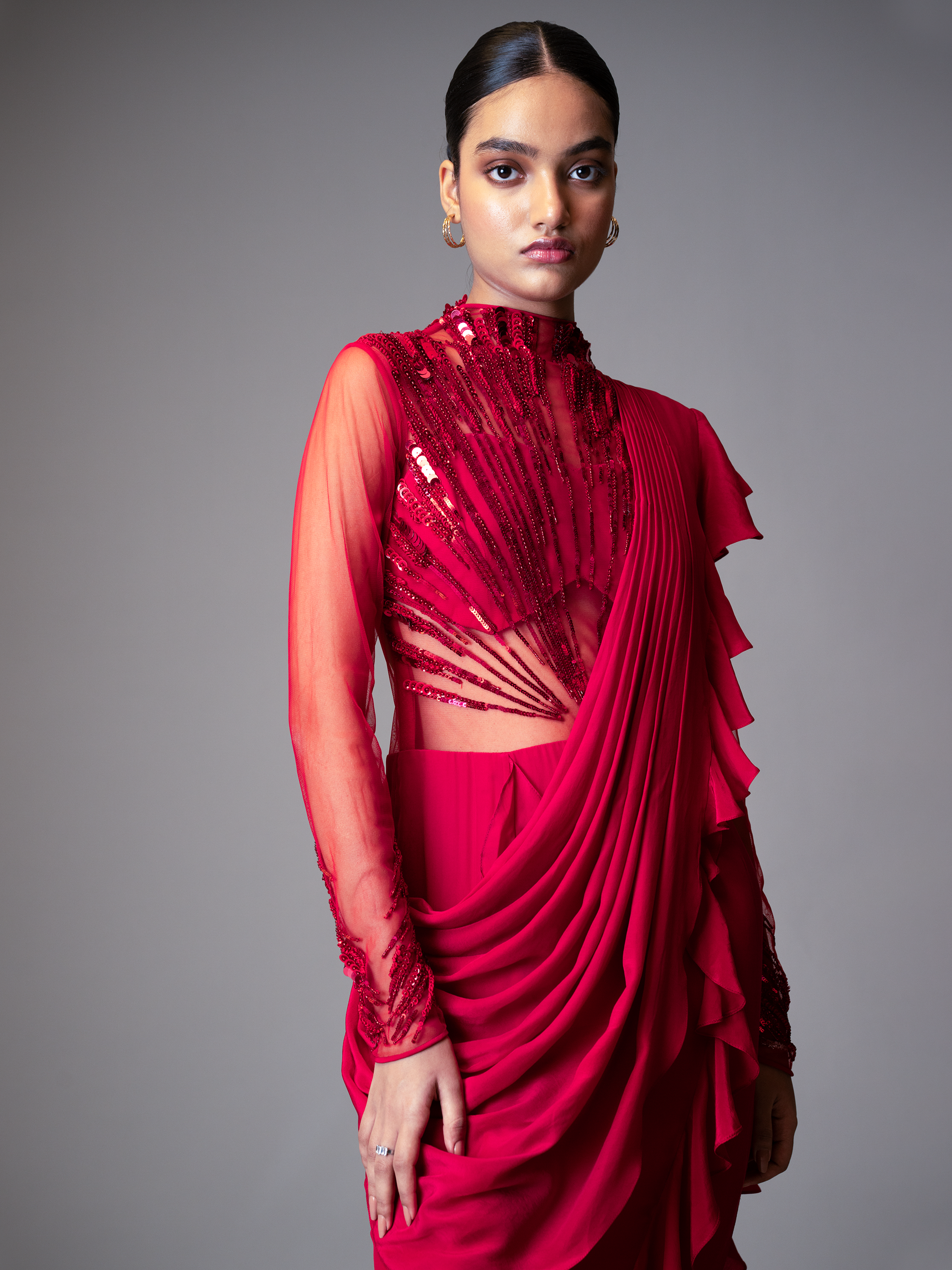 ABSTRACT RADIAL EMBROIDERY SAREE GOWN (RED)