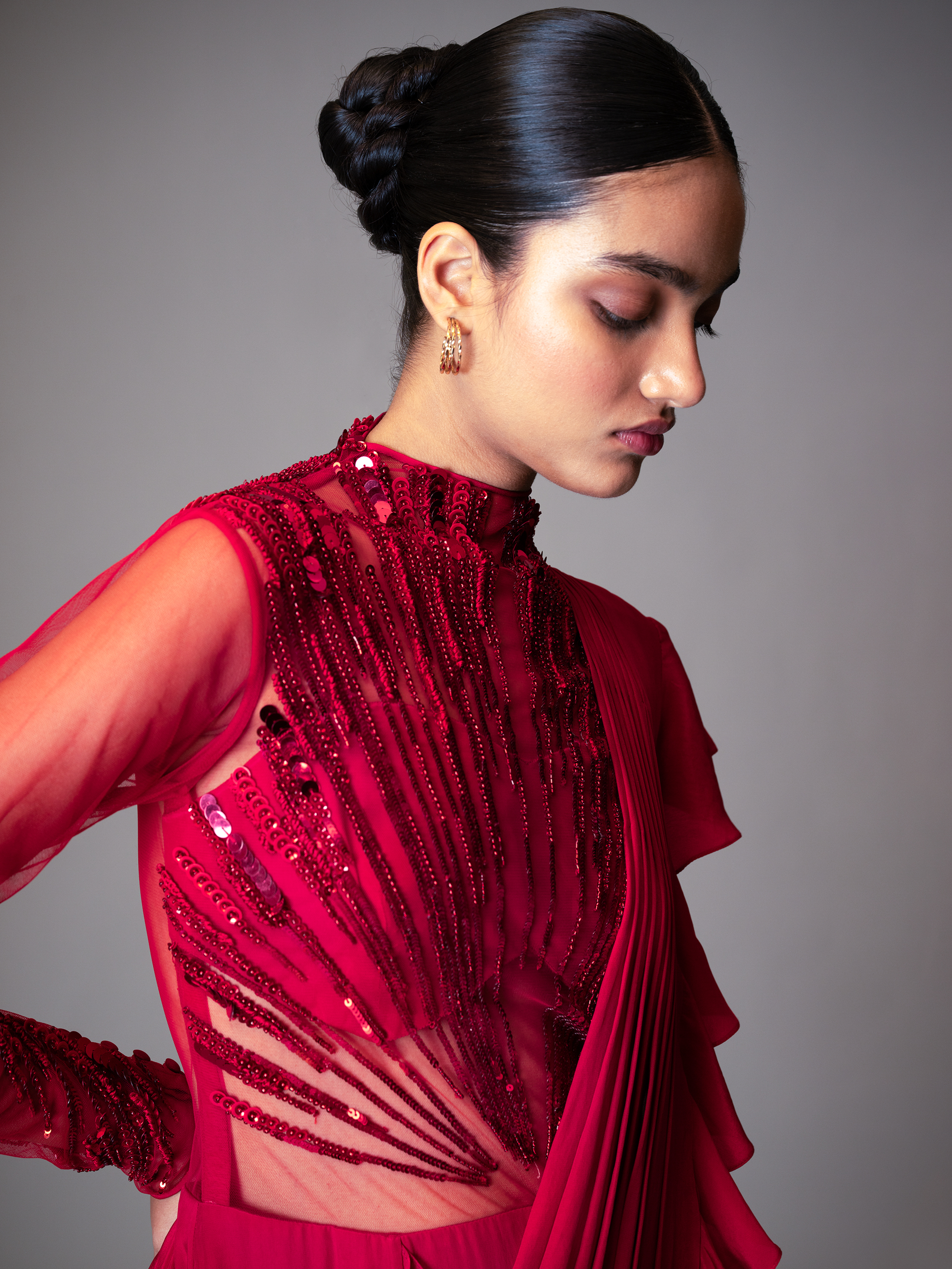 ABSTRACT RADIAL EMBROIDERY SAREE GOWN (RED)