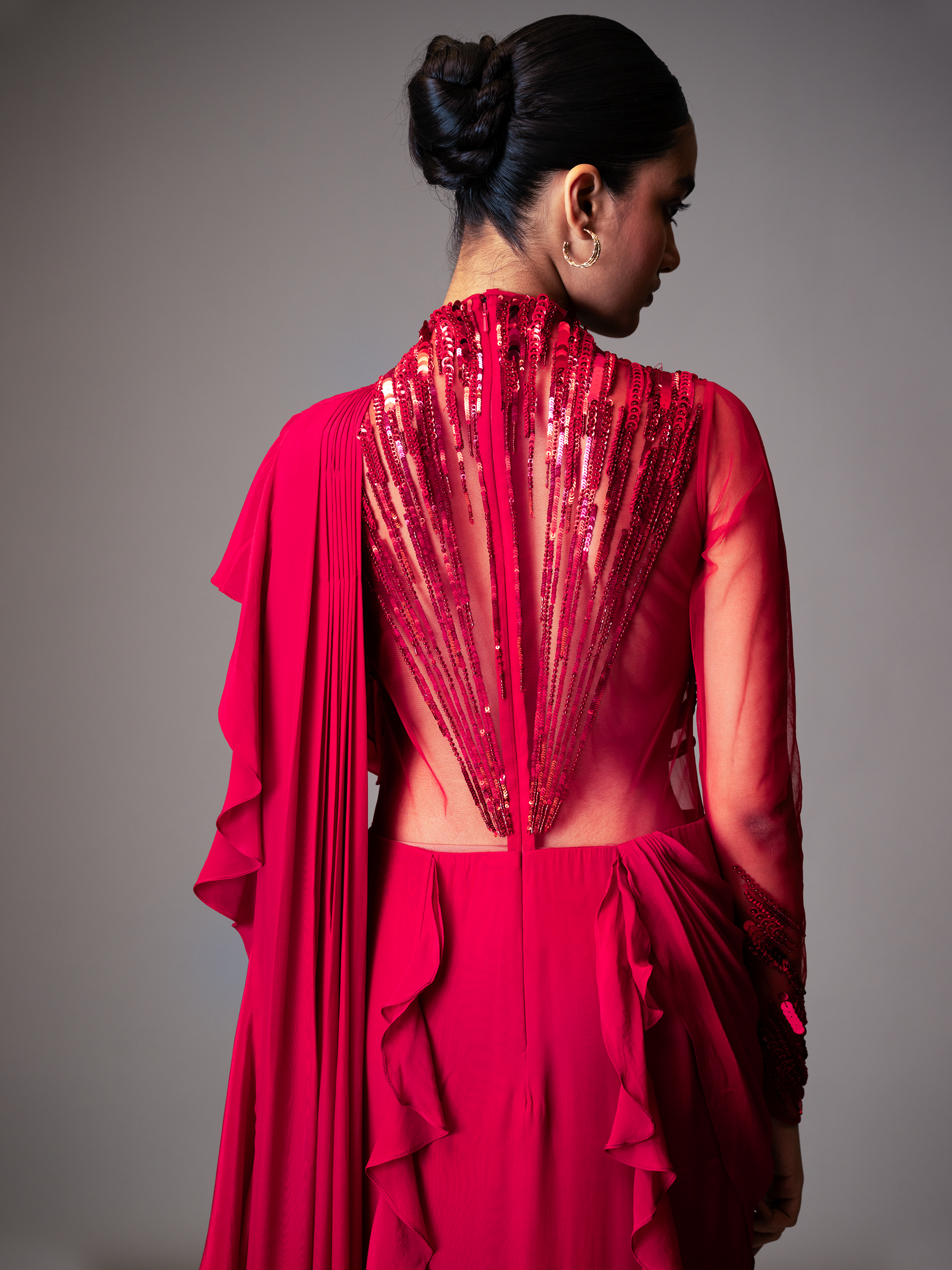 ABSTRACT RADIAL EMBROIDERY SAREE GOWN (RED)