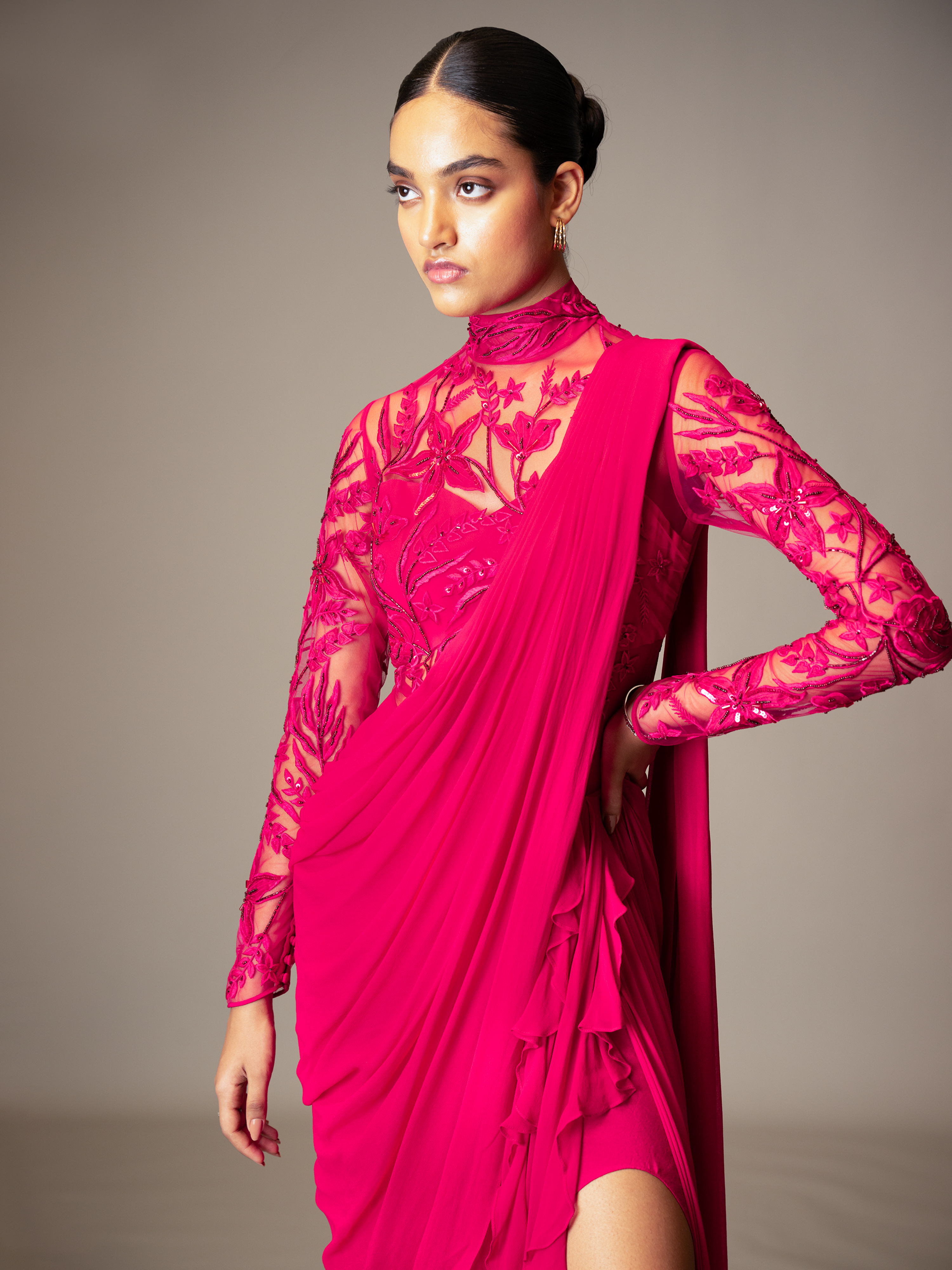 VALE SAREE GOWN- FUSCHIA