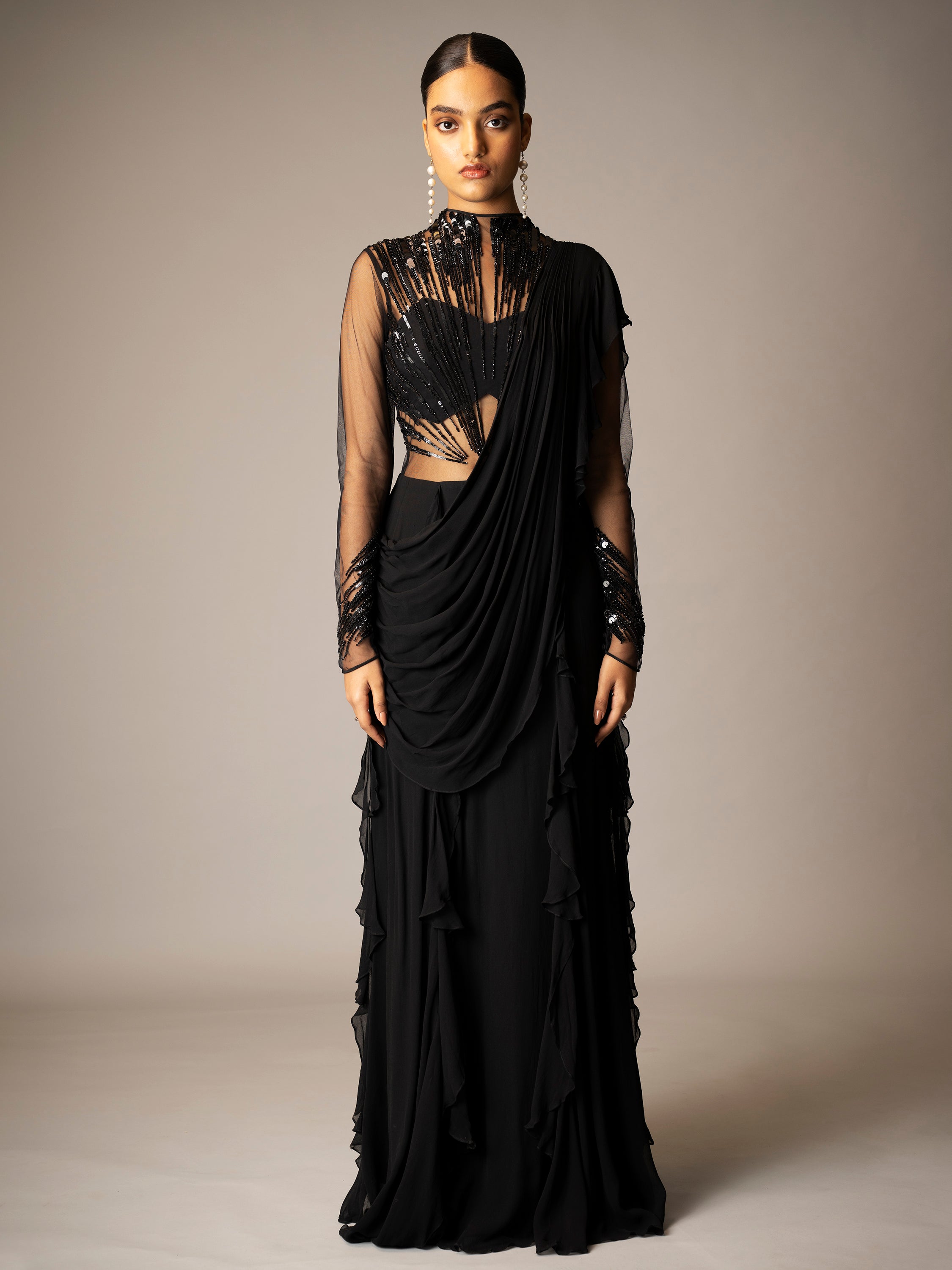 ABSTRACT RADIAL EMBROIDERY SAREE GOWN (BLACK)