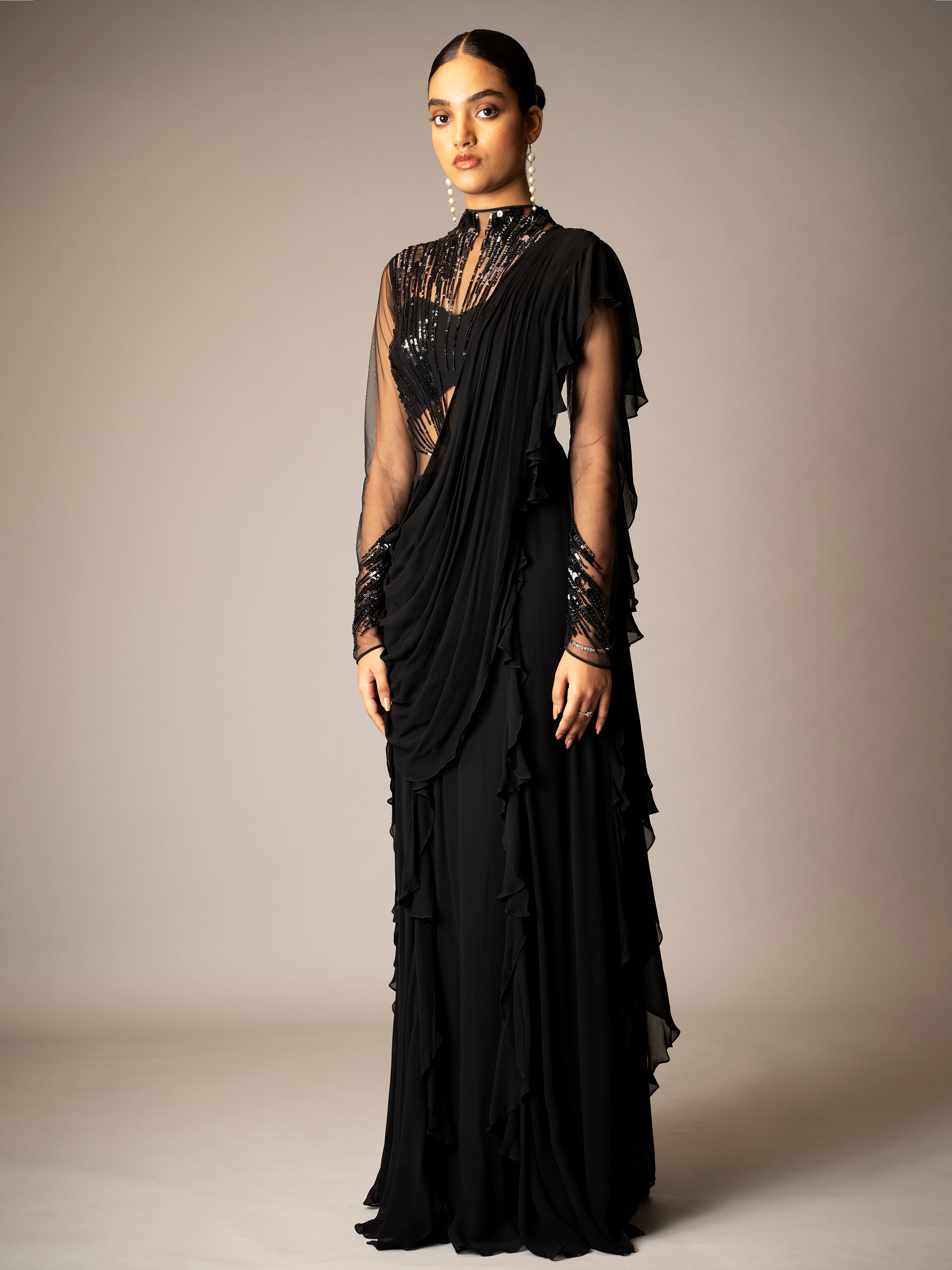 ABSTRACT RADIAL EMBROIDERY SAREE GOWN (BLACK)