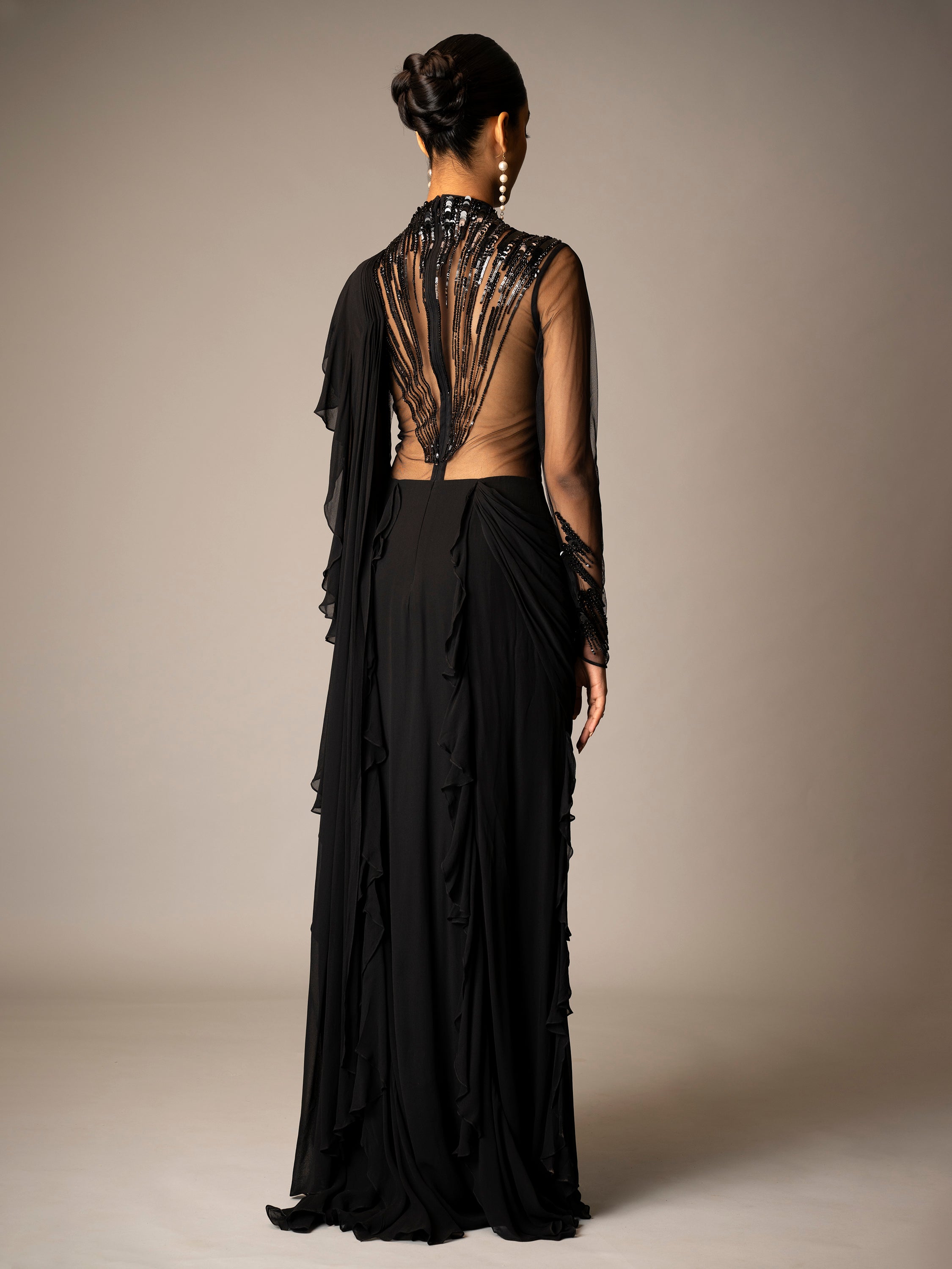 ABSTRACT RADIAL EMBROIDERY SAREE GOWN (BLACK)