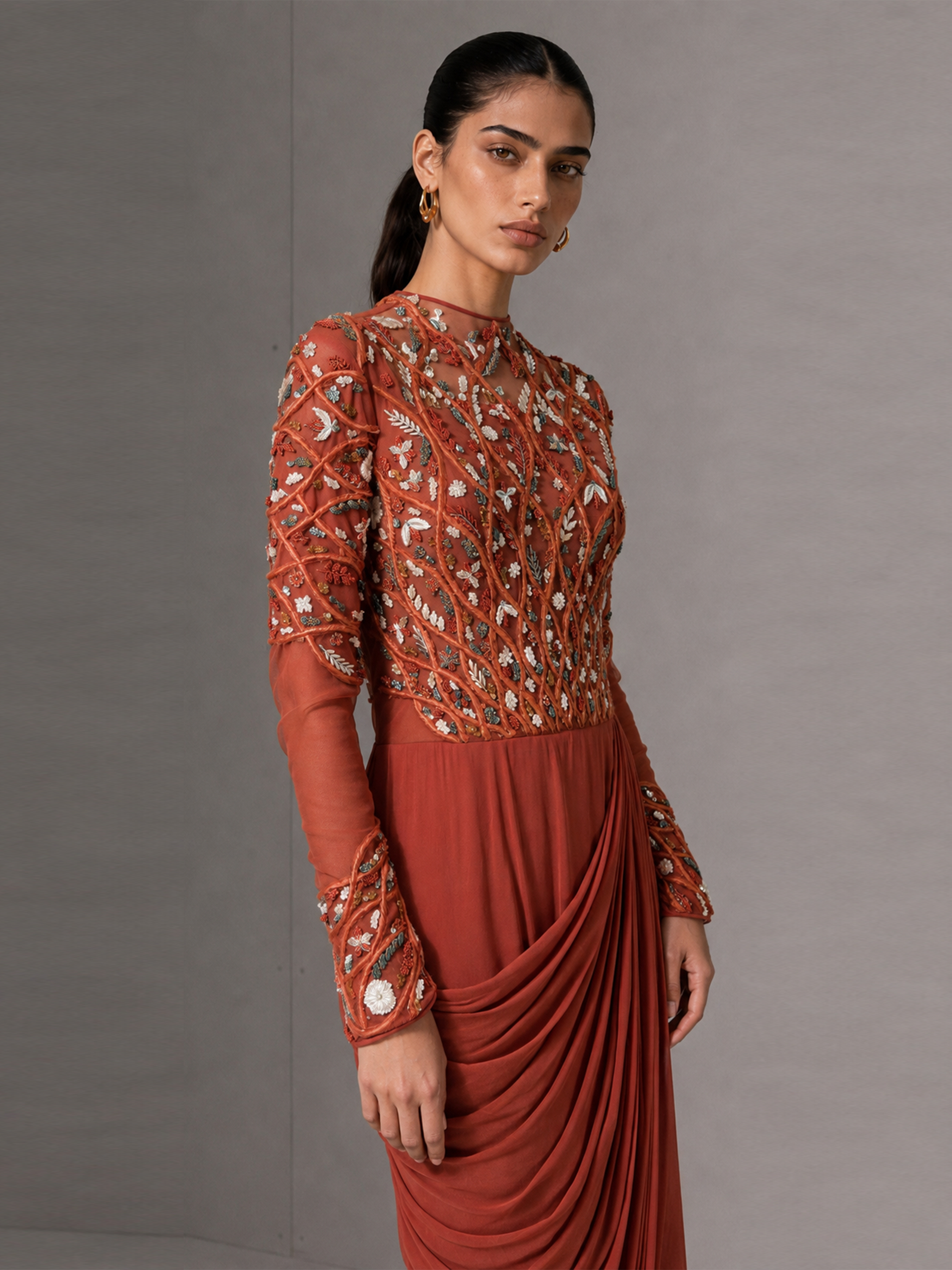 RADIAL WAVE FLORAL SAREE GOWN- RUST ORANGE