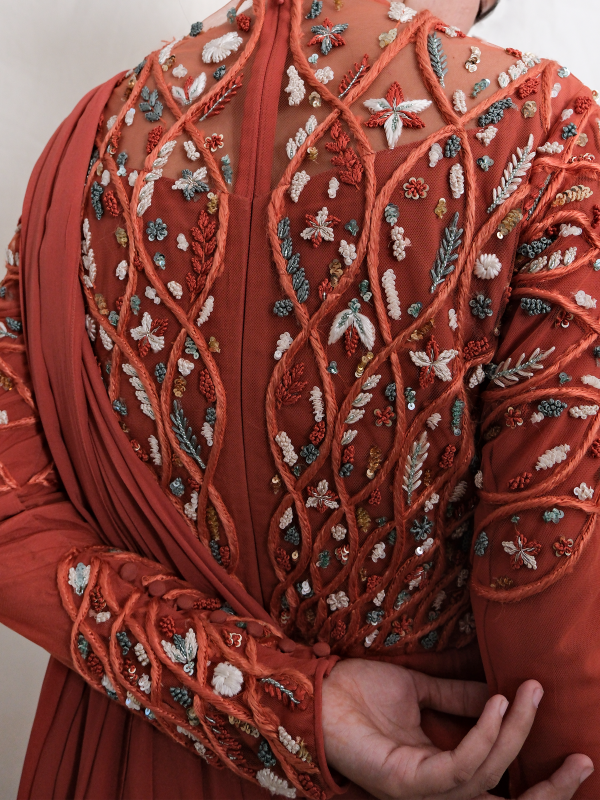 RADIAL WAVE FLORAL SAREE GOWN- RUST ORANGE