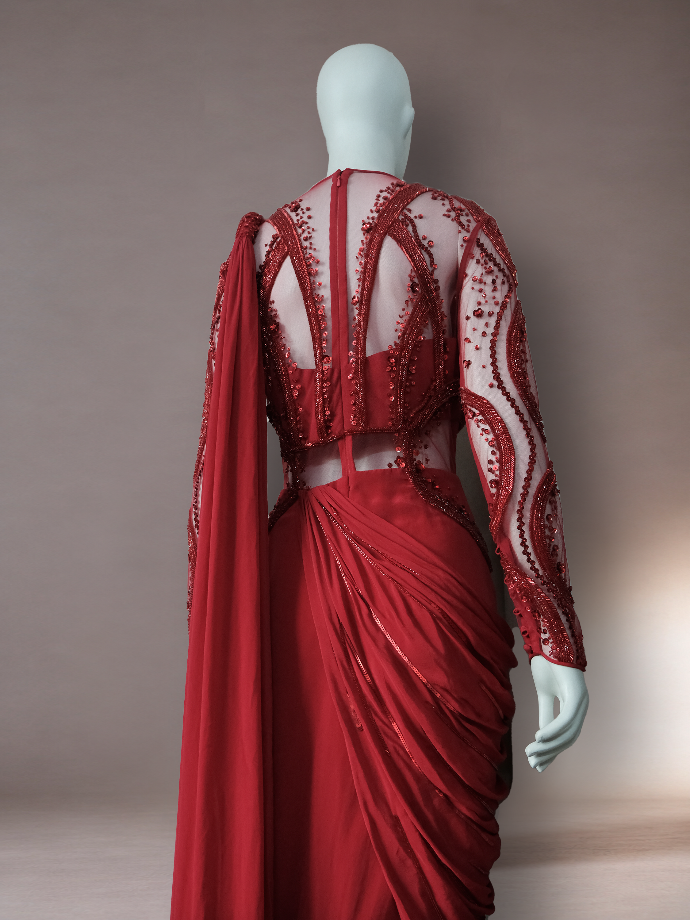 BEJEWELLED SAREE GOWN- FIERY RED