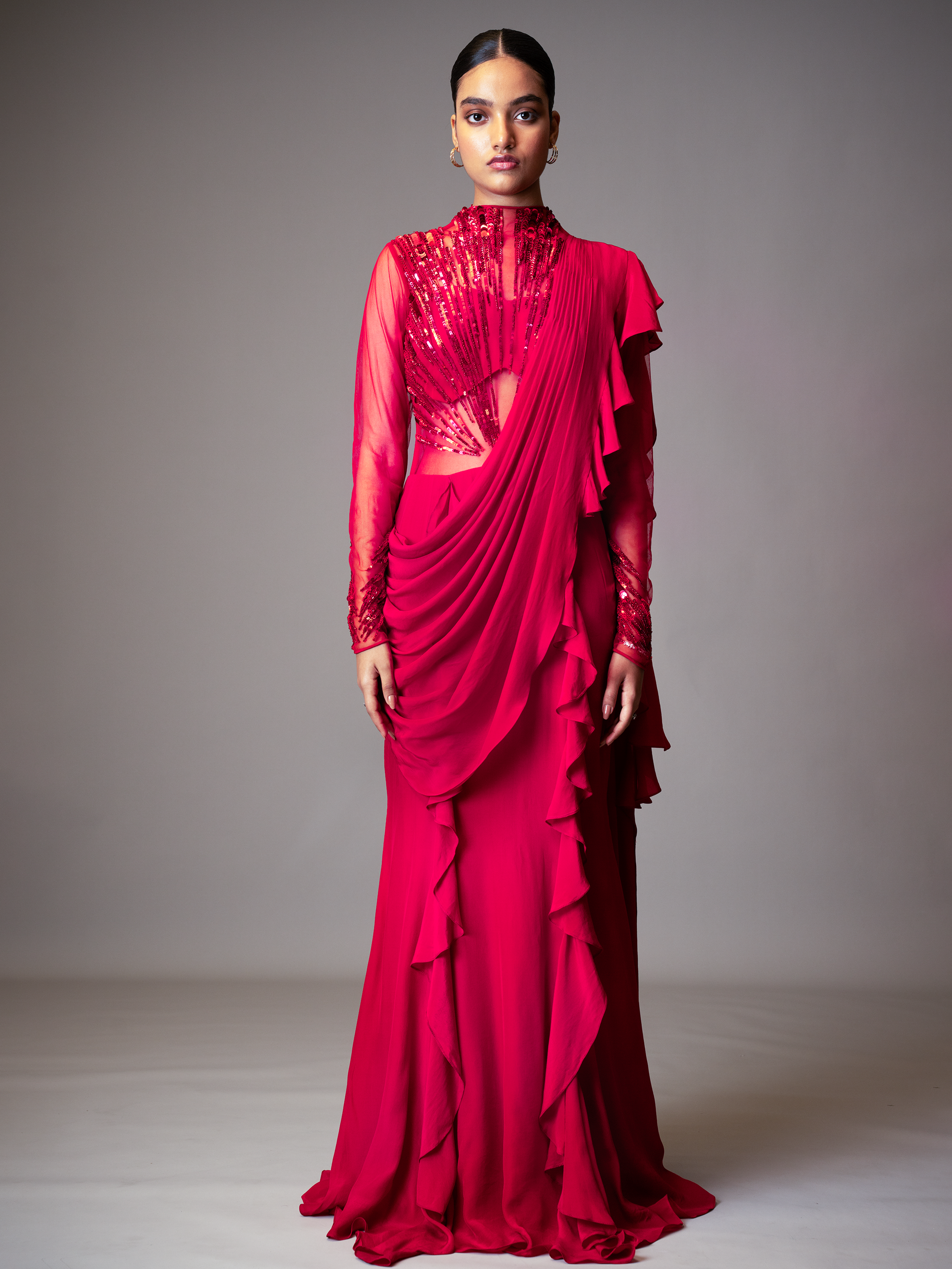 ABSTRACT RADIAL EMBROIDERY SAREE GOWN (RED)