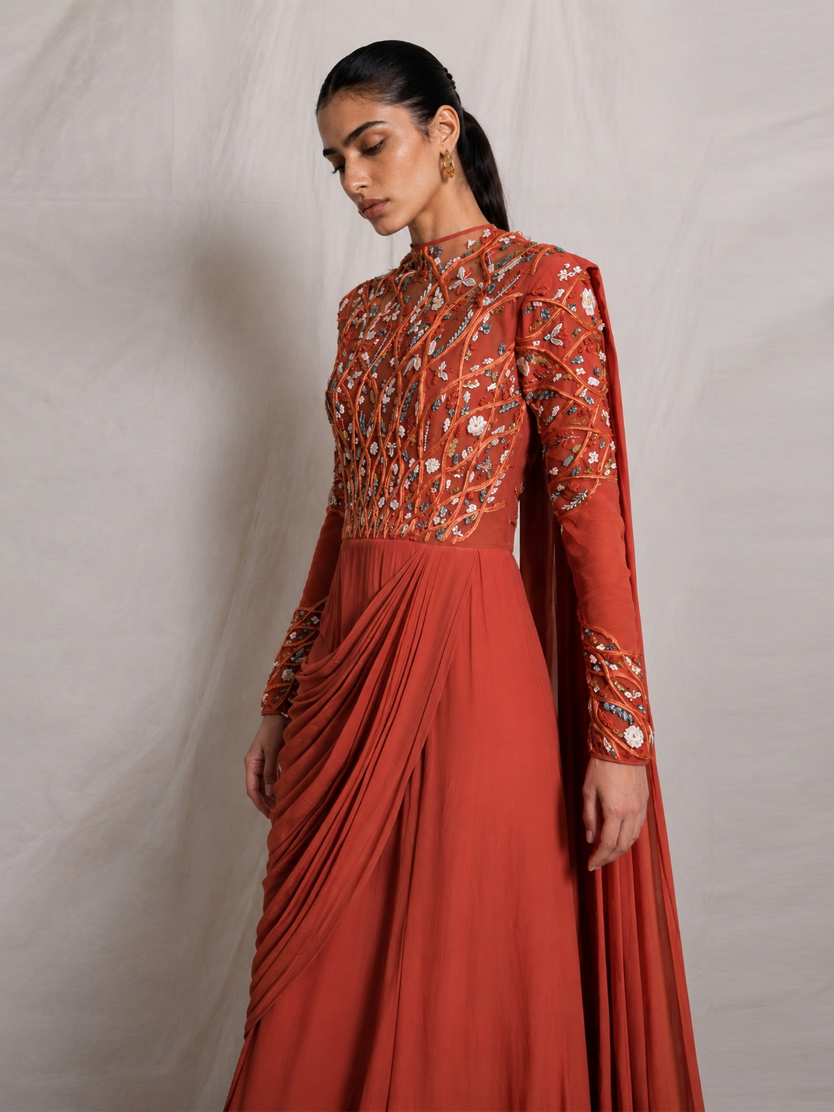 RADIAL WAVE FLORAL SAREE GOWN- RUST ORANGE