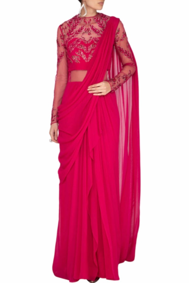 BLOTTED LEAF SAREE GOWN (FUSCHIA PINK)