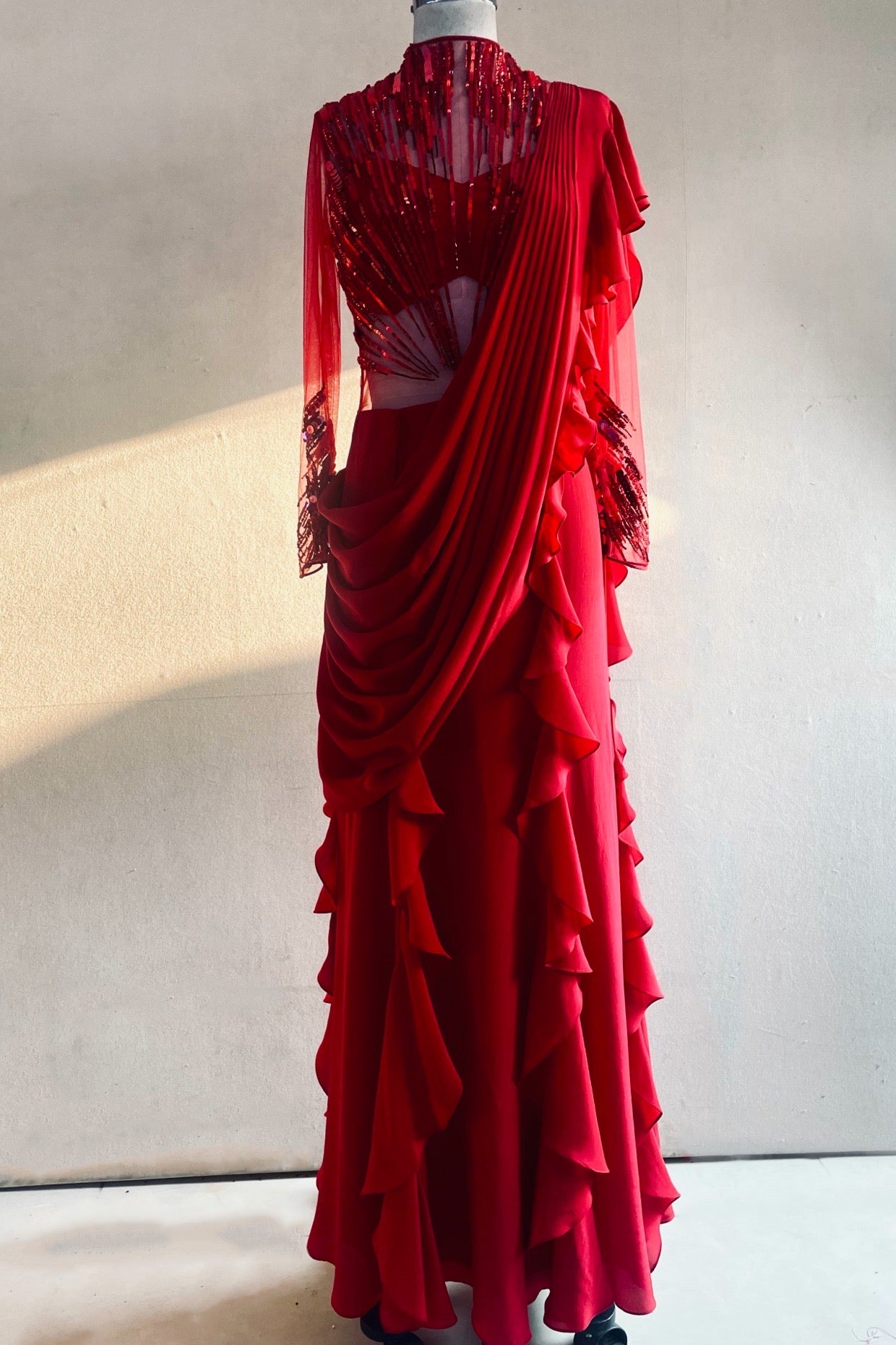 ABSTRACT RADIAL EMBROIDERY SAREE GOWN (RED)