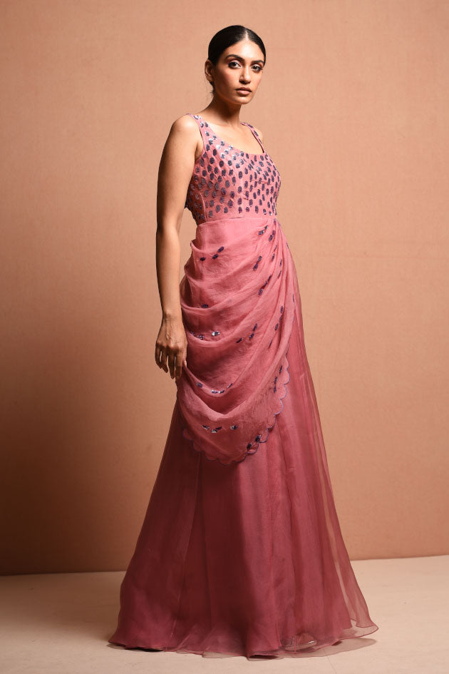 Buy Pink Chiffon Embroidery Sequin And Imaya Floral Saree Gown With Belt  For Women by Awigna Online at Aza Fashions.